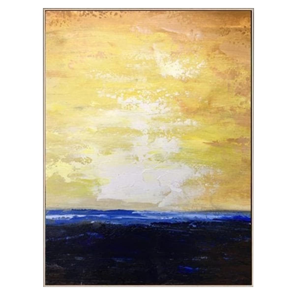 Large Blue Ocean Abstract Painting - Handmade Canvas Wall Art with Yellow Sky & Waves - Perfect for Living Room, Bedroom & Office Decor
