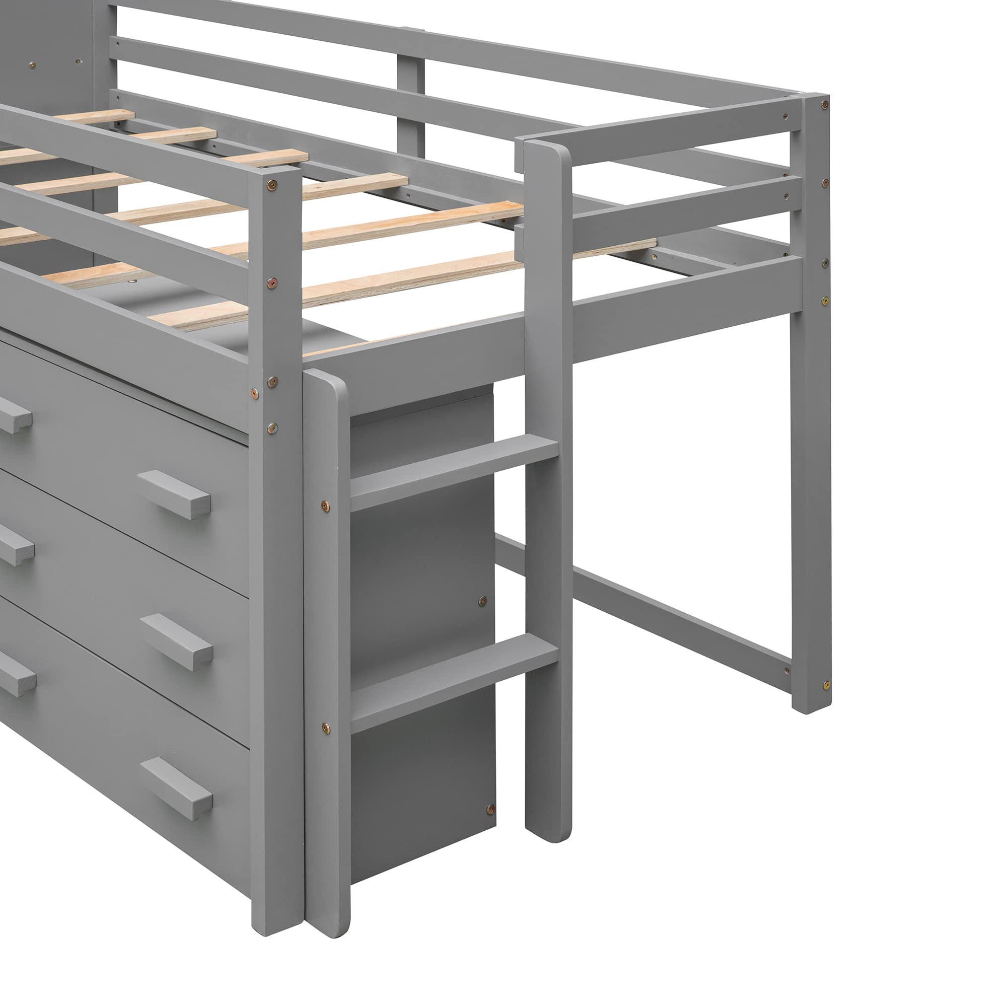 Twin Loft Bed with Storage - Solid Wood Frame for Kids - Space-Saving Gray Bedroom Solution