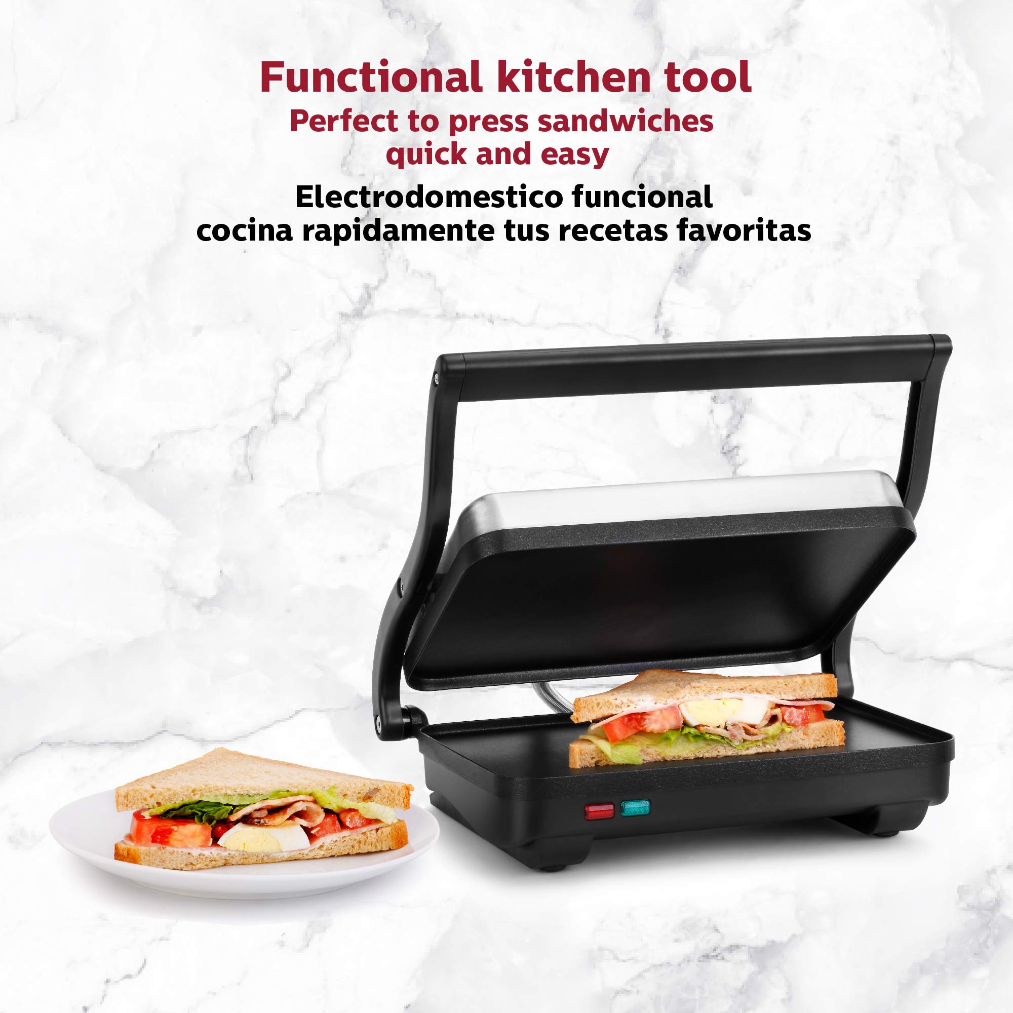 Holstein Housewares Electric Griddle - Stainless Steel Sandwich Maker & Snack Toaster for Paninis, Waffles, Breakfast - Black/Stainless Steel - Perfect for Home, Office & Camping Cooking