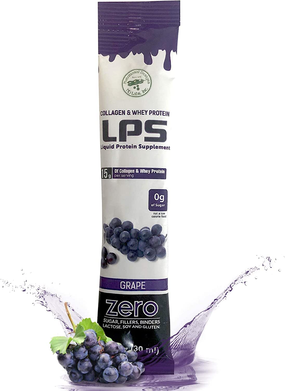 Nutritional Designs LPS Liquid Collagen & Whey Protein Supplement - Sugar-Free, Non-GMO Drink for Healthy Skin & Hair - Grape Flavor (100 Single-Serve Packets) | Perfect for Post-Workout Recovery & Daily Beauty Routine