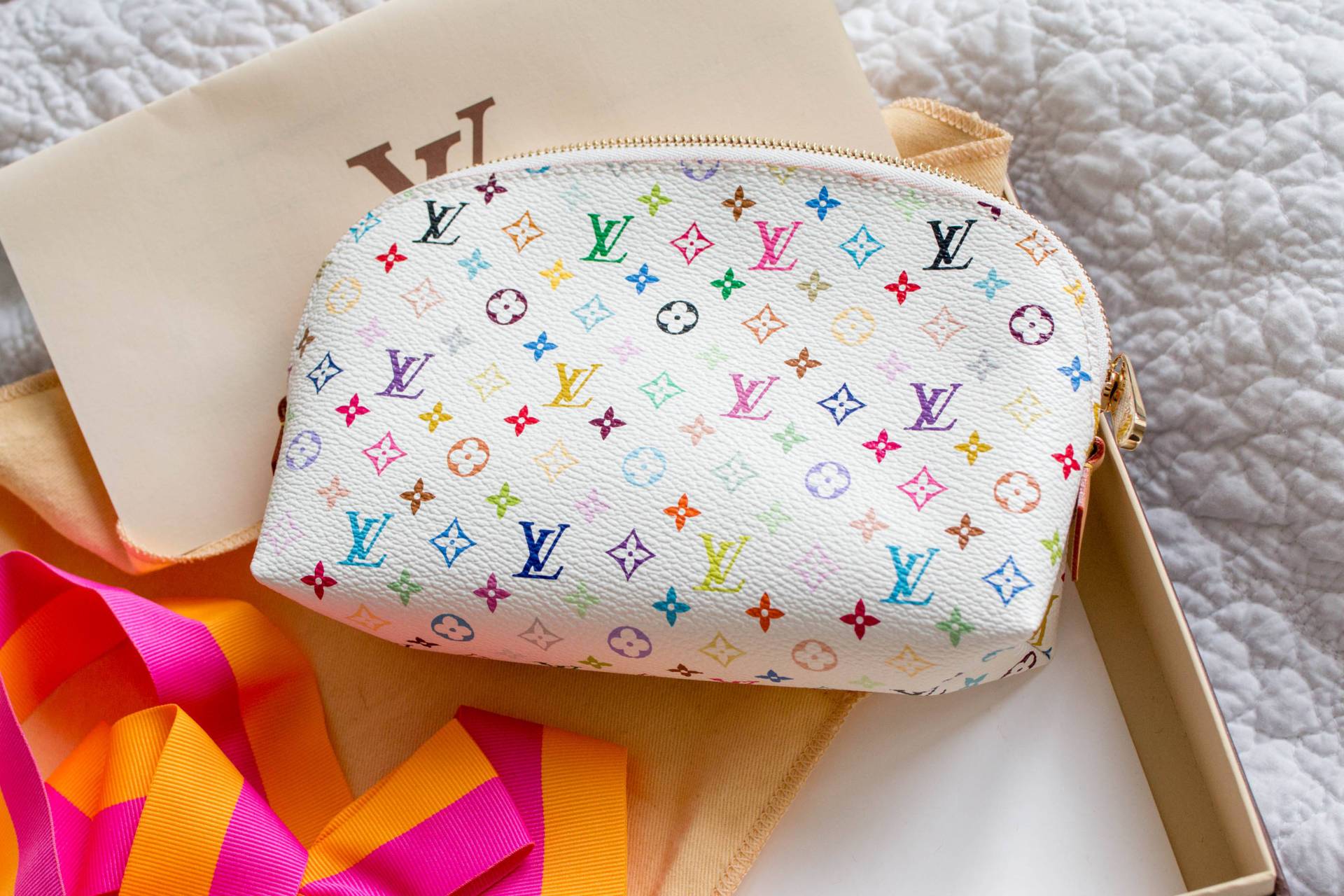 Authentic Louis Vuitton Multicolor Monogram Cosmetic Pouch GM in White - Perfect for Travel & Everyday Makeup Organization