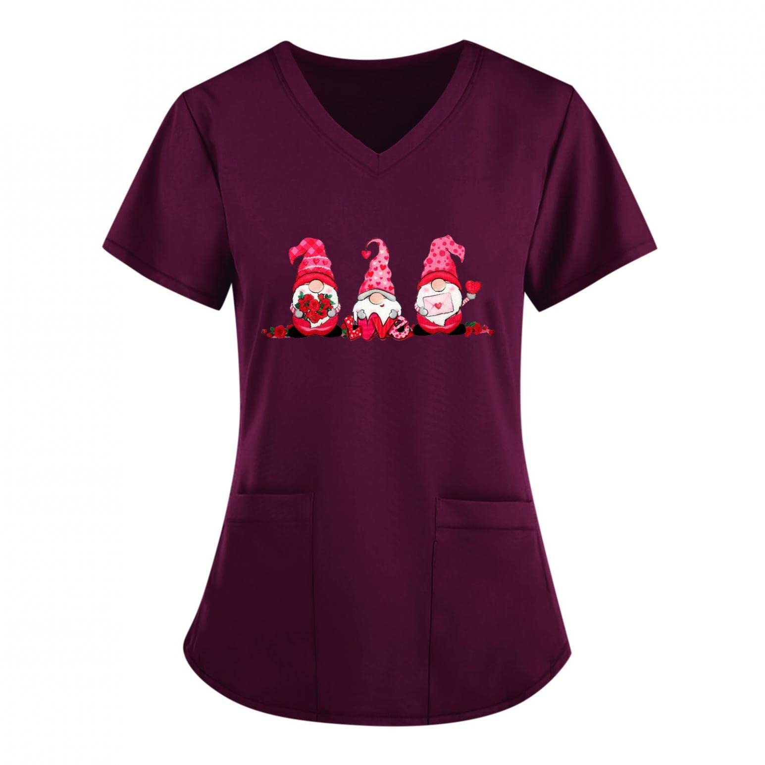 ZDFER Women's Short Sleeve V-Neck T-Shirt with 2 Pockets - Valentine's Day & Easter Print Blouse for Work Uniform, Casual Wear, and Holiday Outfits