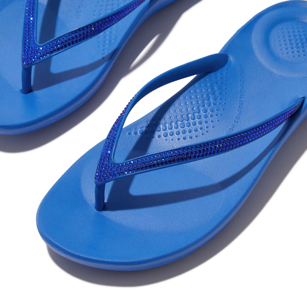 FitFlop Iqushion Sparkle Flip Flops Sandals for Women - Comfortable French Blue Glitter Beach Sandals with Arch Support | Perfect for Pool, Vacation & Summer Outfits
