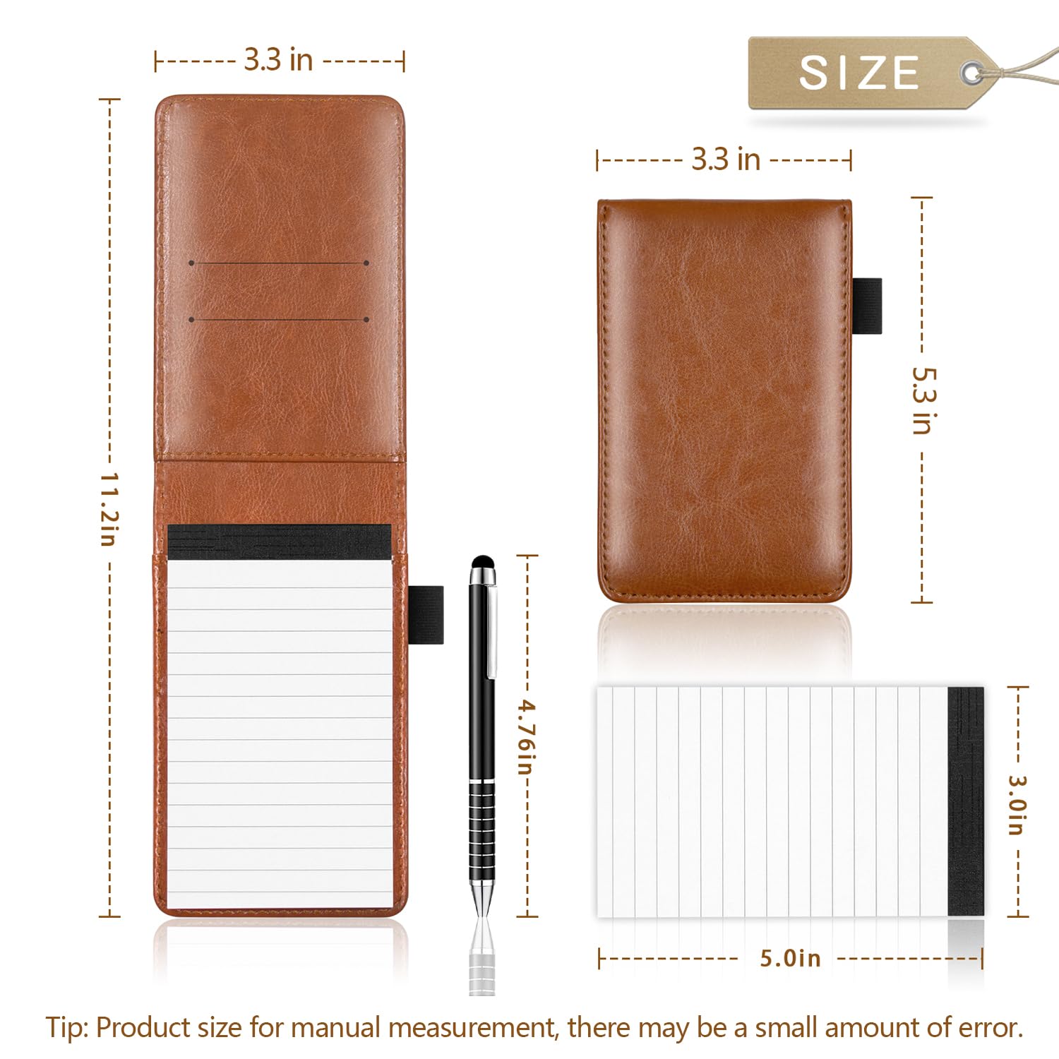7-Piece Small Pocket Notepad Holder Set with Pen - Mini Notebook Organizer for Office, School & Restaurant Use - Brown Leather Memo Pad for Daily Tasks, Shopping Lists & Quick Notes