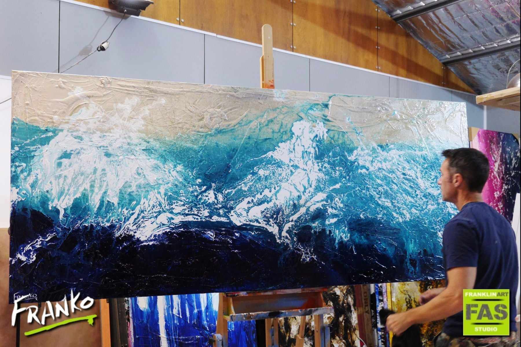 Blue Abstract Infused Beach Wash Painting 240cm x 100cm - Large Modern Wall Art for Living Room, Bedroom, or Office Decor