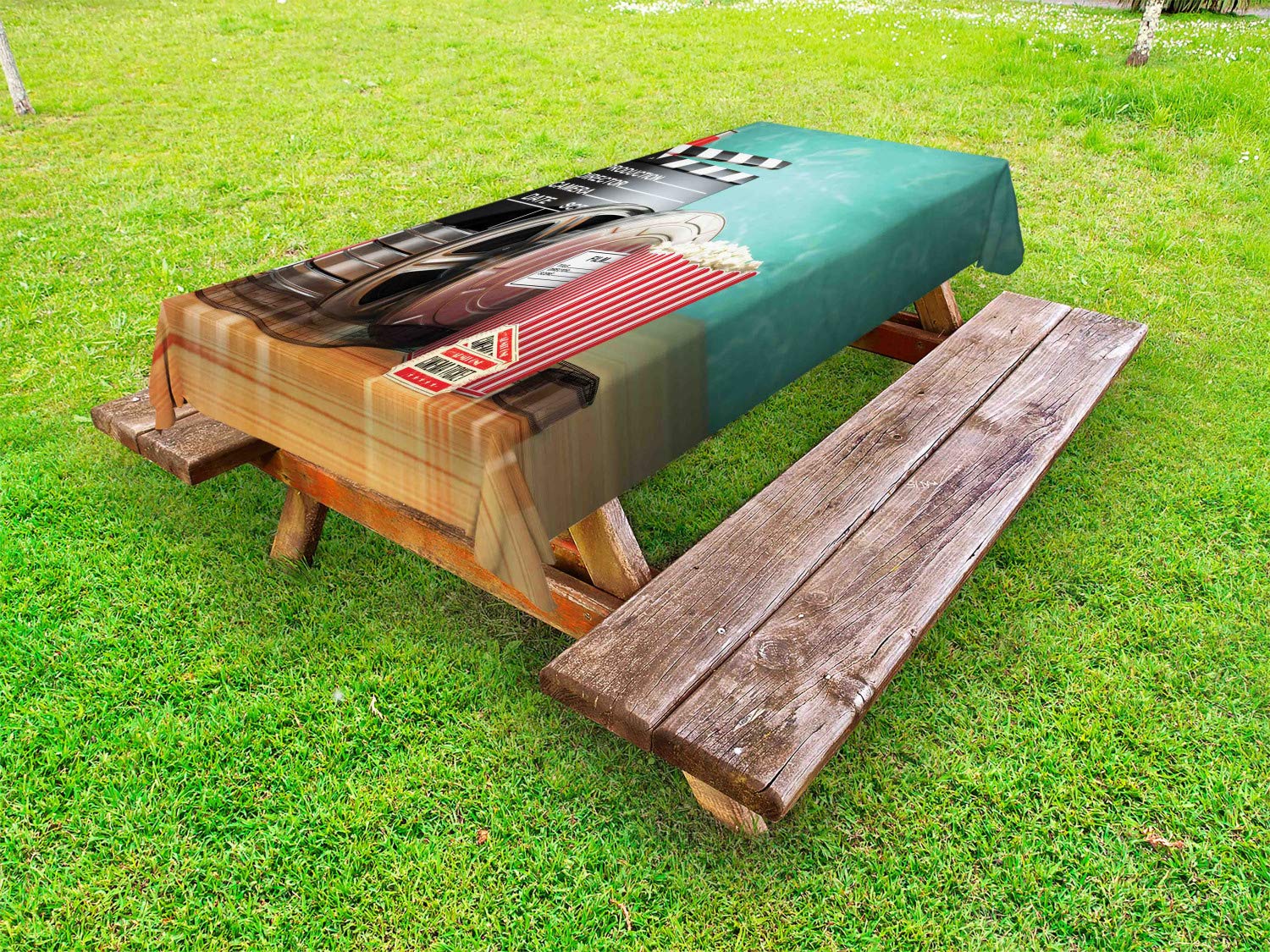 Ambesonne 3D Movie Theater Theme Tablecloth - Film Reels, Clapperboard, Popcorn & Tickets Design - Washable Outdoor Picnic Table Cover 58x120 Inches - Perfect for Backyard Movie Nights, Themed Parties & Decorative Dining