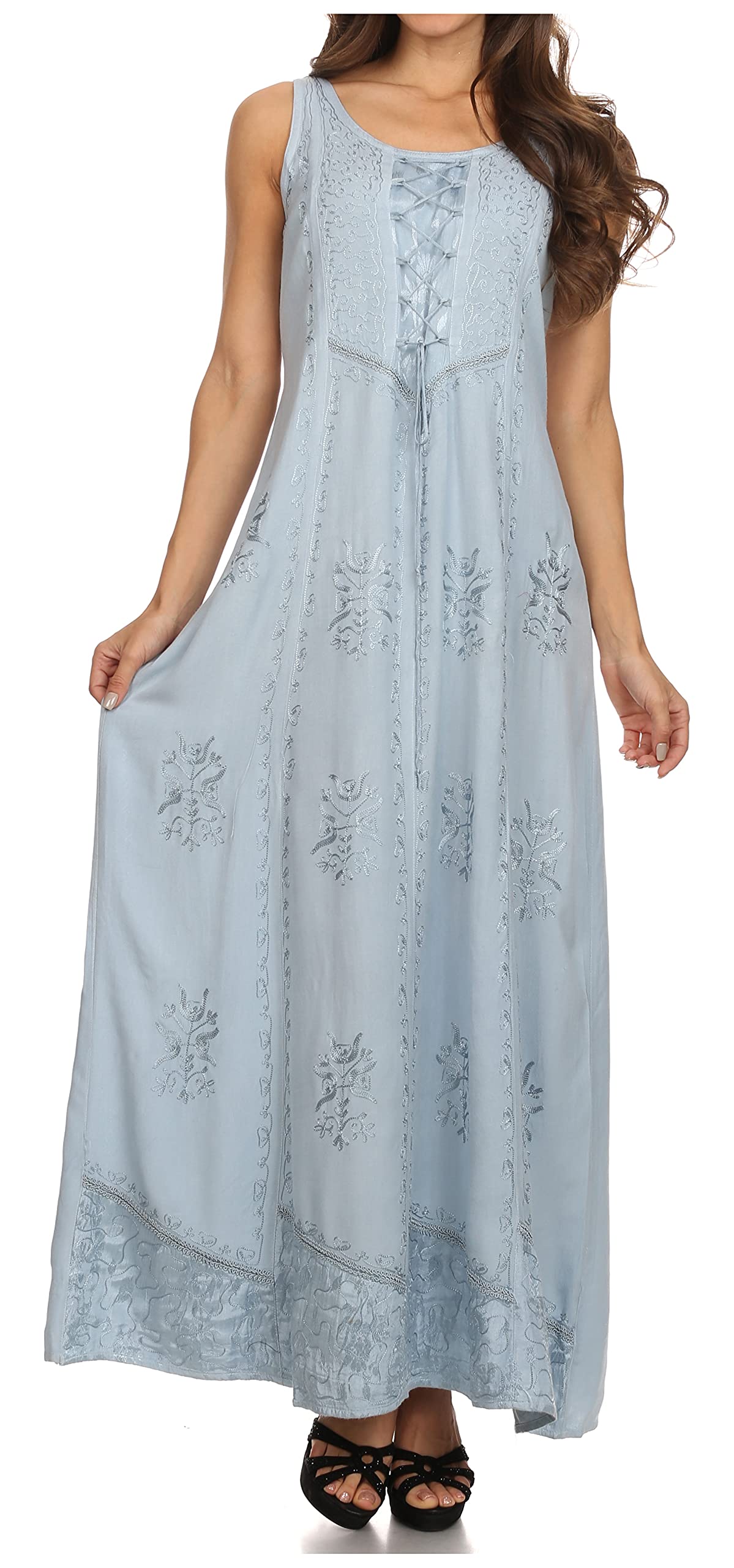 Sakkas Stella Long Tank Top Adjustable Caftan Corset Dress with Embroidery - Elegant Boho Summer Beach Cover Up, Festival Outfit & Vacation Dress for Women