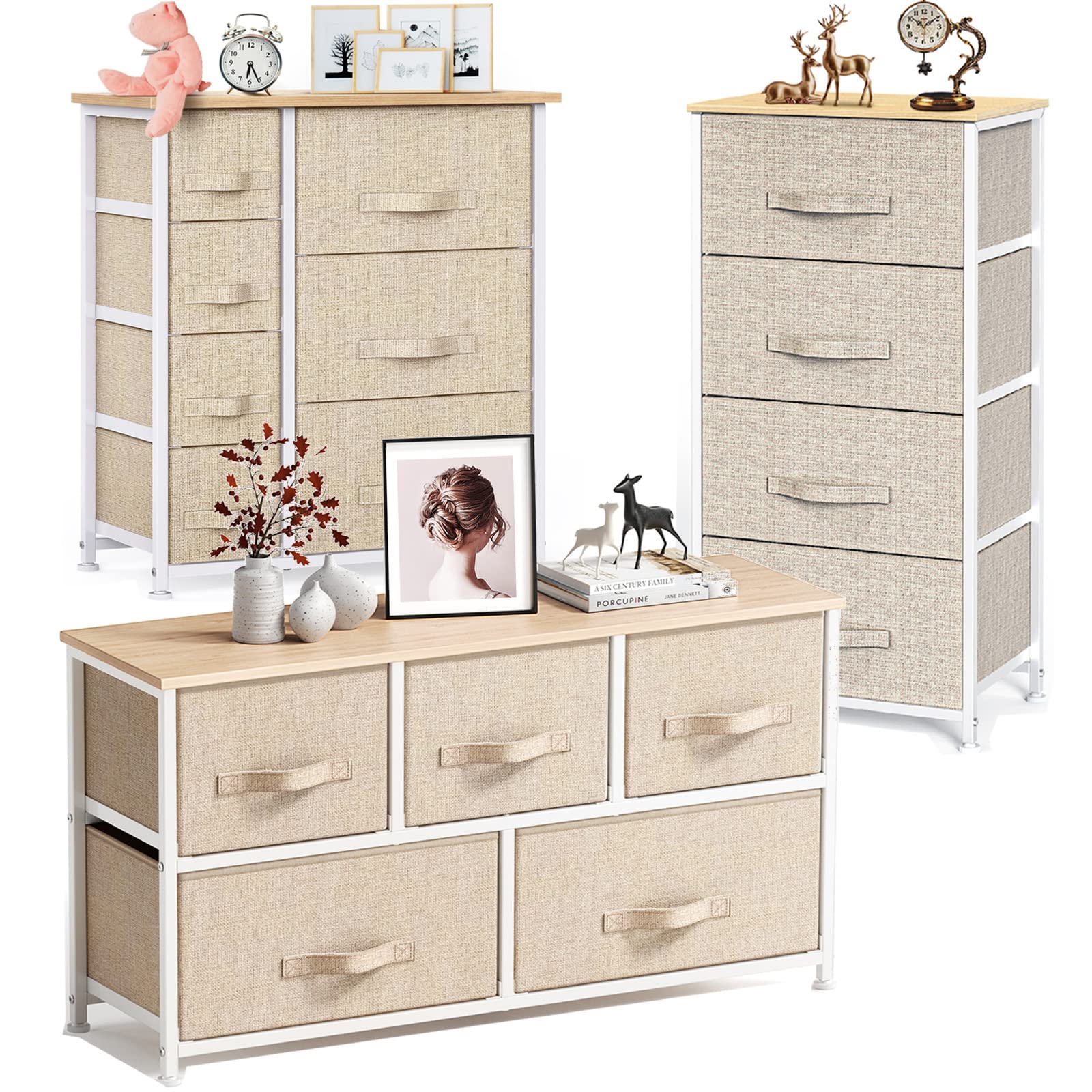 Pipishell 5-Drawer Fabric Dresser Storage Tower with Wood Top - Closet Organizer for Bedroom, Nursery, Hallway & Dorm - Space-Saving Clothes & Toy Storage Solution