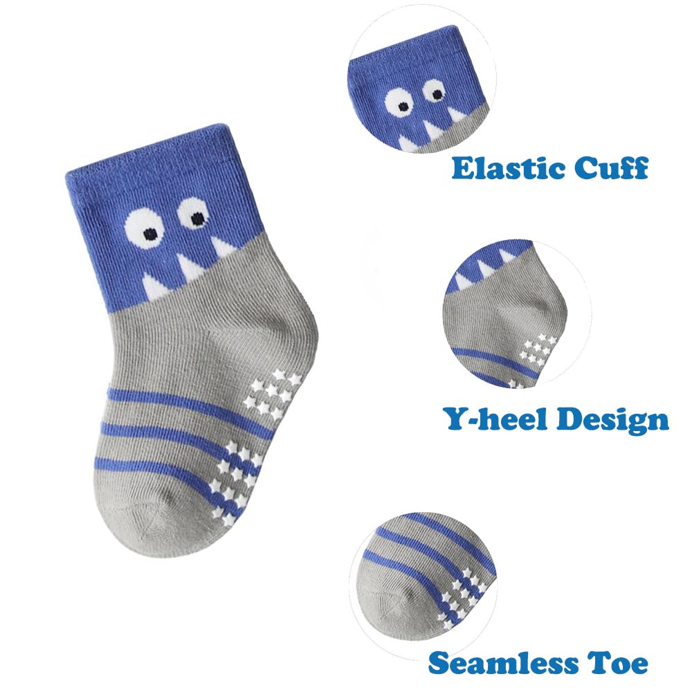 **Non-Slip Baby Boys' Dinosaur Socks - 12 Pack Soft Cotton Crew Socks with Grips for Toddlers | Perfect for Playtime, Daycare & Indoor Activities**