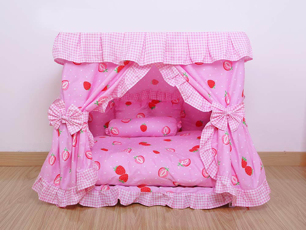 Princess Pink Strawberry Pet Bed for Dogs & Cats - Handmade Canopy House with Candy Pillow (Small) - Cozy Sleeping Spot for Small Pets in Bedroom or Living Room
