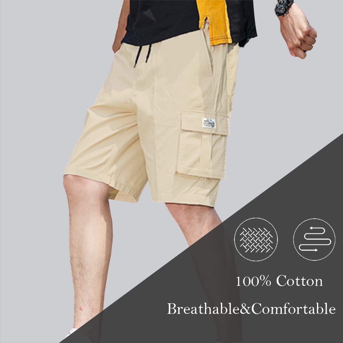 MSMSSe Men's Cargo Shorts with Elastic Waist & Drawstring - Breathable Cotton Summer Casual Workout Shorts for Gym, Hiking, and Outdoor Activities