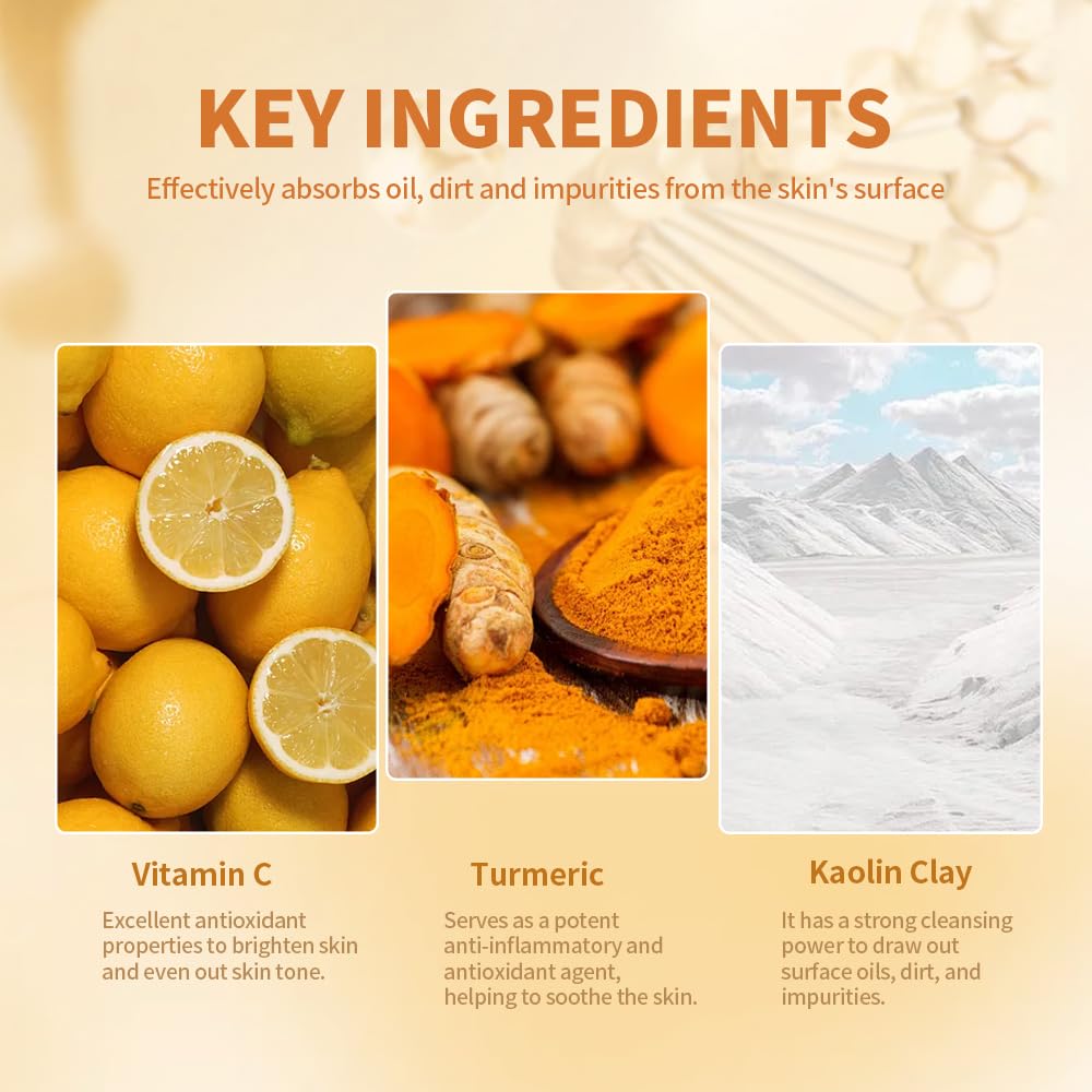 Turmeric Clay Mask with Vitamin C - Deep Cleansing Face Mask for Acne, Pores & Dark Spots | Brightens Skin, Controls Oil & Refines Pores | Organic Skincare for Oily & Combination Skin | Perfect for Daily Detox & Glow Boosting Routine (1 Pack, Yellow, Large Size)