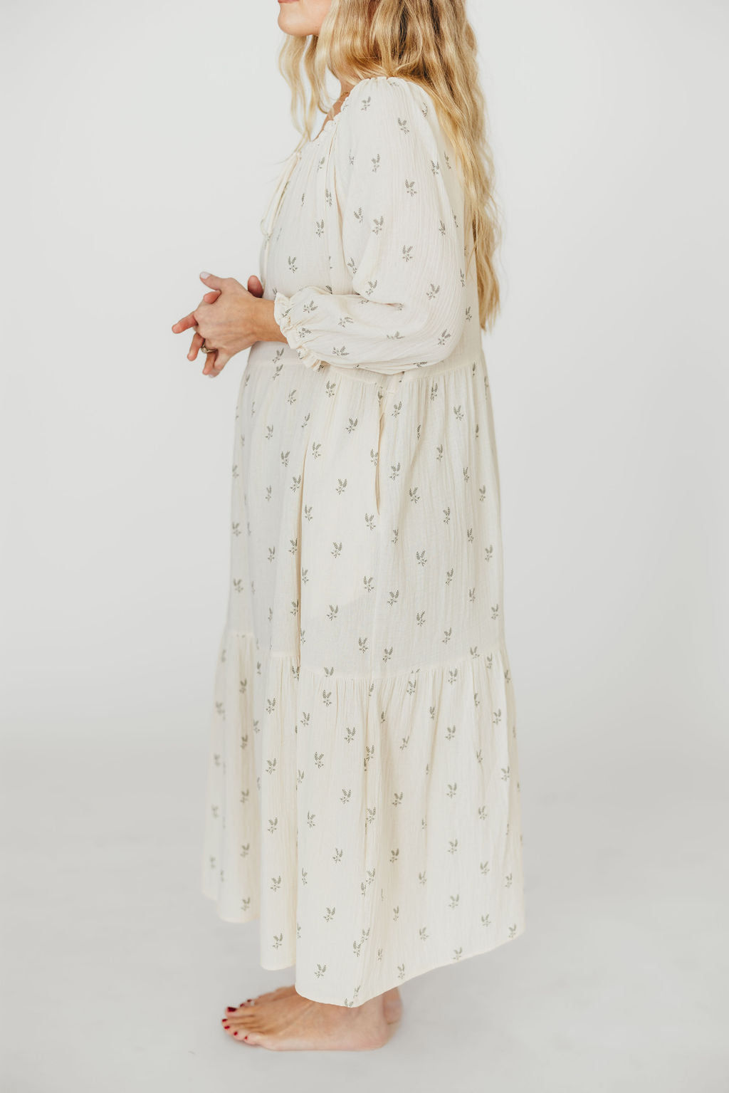 Avery Tiered Linen Blend Midi Dress in Soy/Sage Foliage - Bump Friendly Maternity Dress with Inclusive Sizing for Women - Perfect for Summer Weddings, Beach Vacations & Brunch Dates