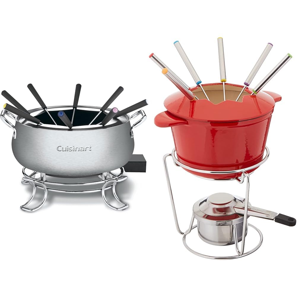 Cuisinart 3 Quart Stainless Steel Fondue Pot Set for Chocolate, Cheese, Broth & Oil - 13-Piece Cast Iron Fondue Set (CFO-3SSP1, Red) - Perfect for Parties, Family Gatherings & Romantic Dinners