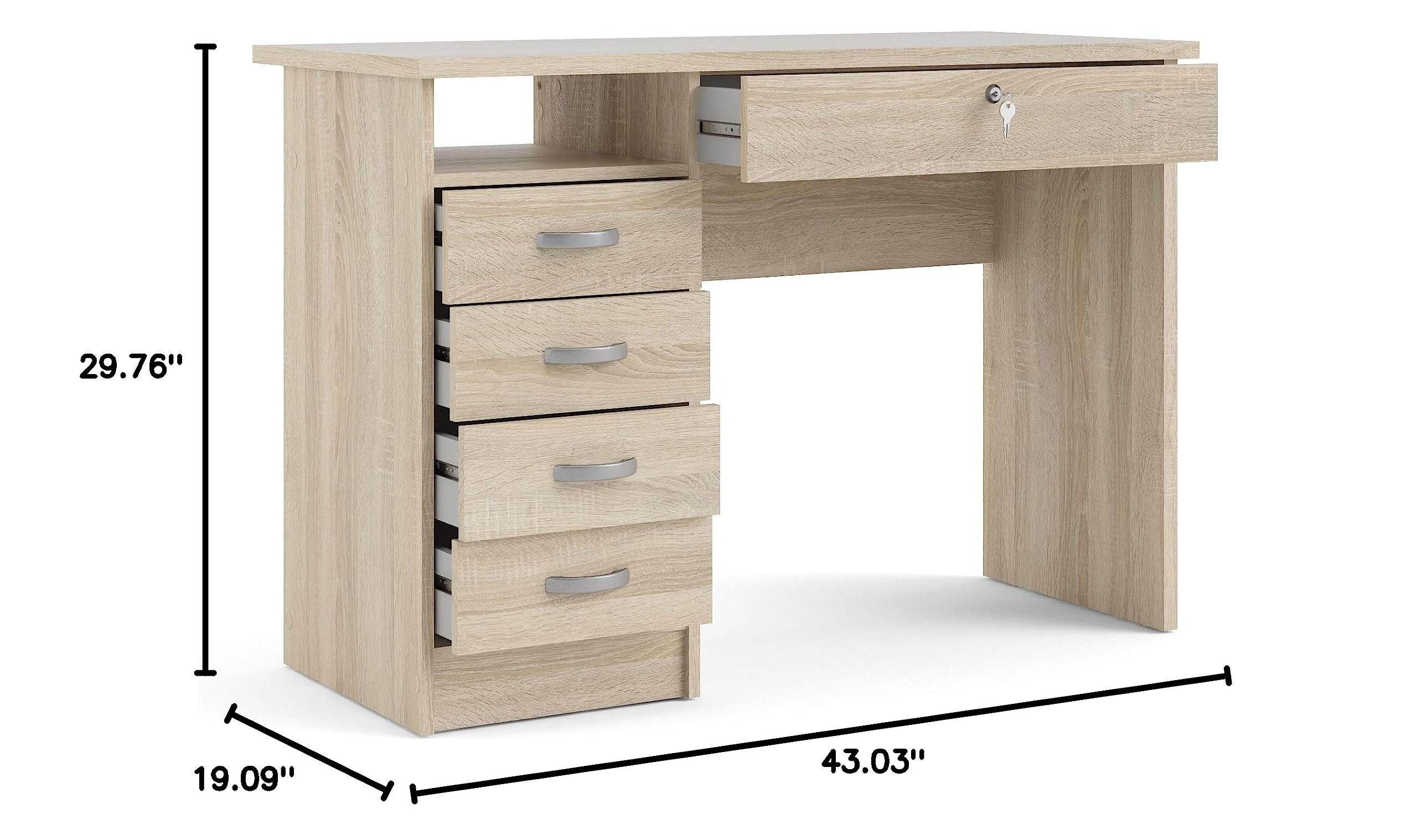 Tvilum Walden 5-Drawer Oak Wood Desk for Home Office - Sturdy & Spacious Writing Desk with Storage for Study, Work, or Dorm Room