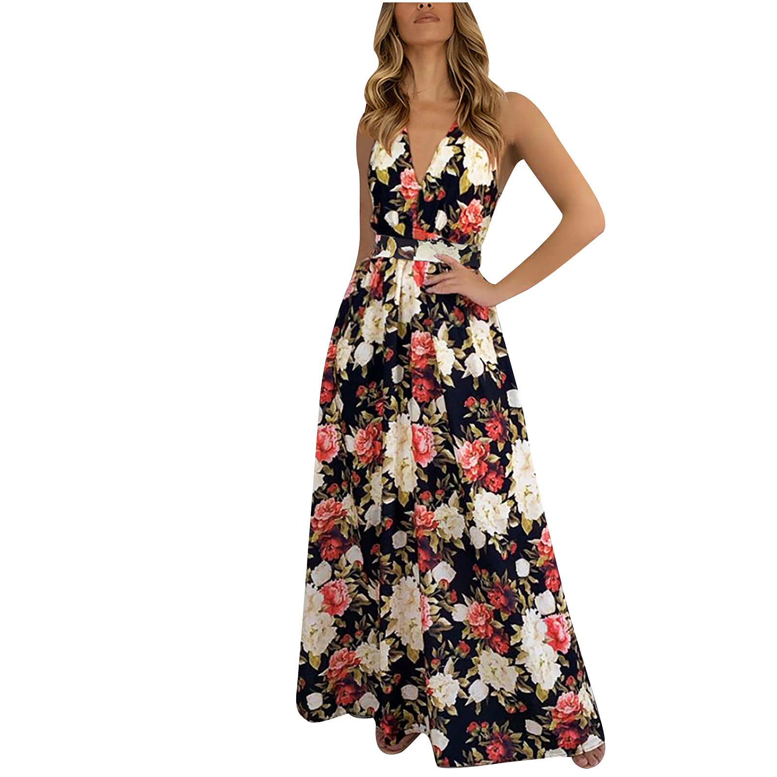 Boho Floral Sundress for Women - Sexy Deep V Neck Sleeveless Maxi Dress with Suspender Straps, High Waist Slimming Long Skirt for Beach Vacation, Summer Party & Casual Outings