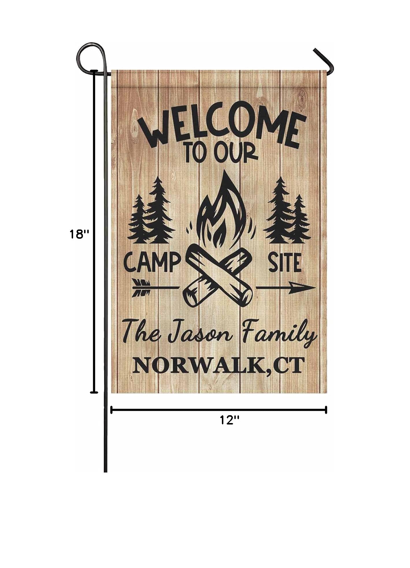 Custom Personalized Camping Camper Garden Flag - Double Sided 12x18 Inch Wood Welcome Yard Banner for Outdoor Decor | Perfect for RV Sites, Backyard Decorations & Seasonal Home Displays