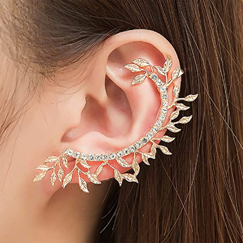 Sttiafay Gold Leaf Ear Cuff Earrings - Zirconia Clip-On Ear Wrap Crawler Jewelry for Women & Teens - Boho Rhinestone Long Earrings for Parties, Weddings & Everyday Wear