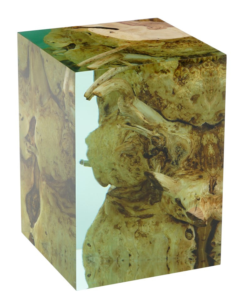 Modern Resin Cube Side Table with Epoxy Wood Design - Stylish Accent Stool for Living Room, Bedroom, or Office Decor