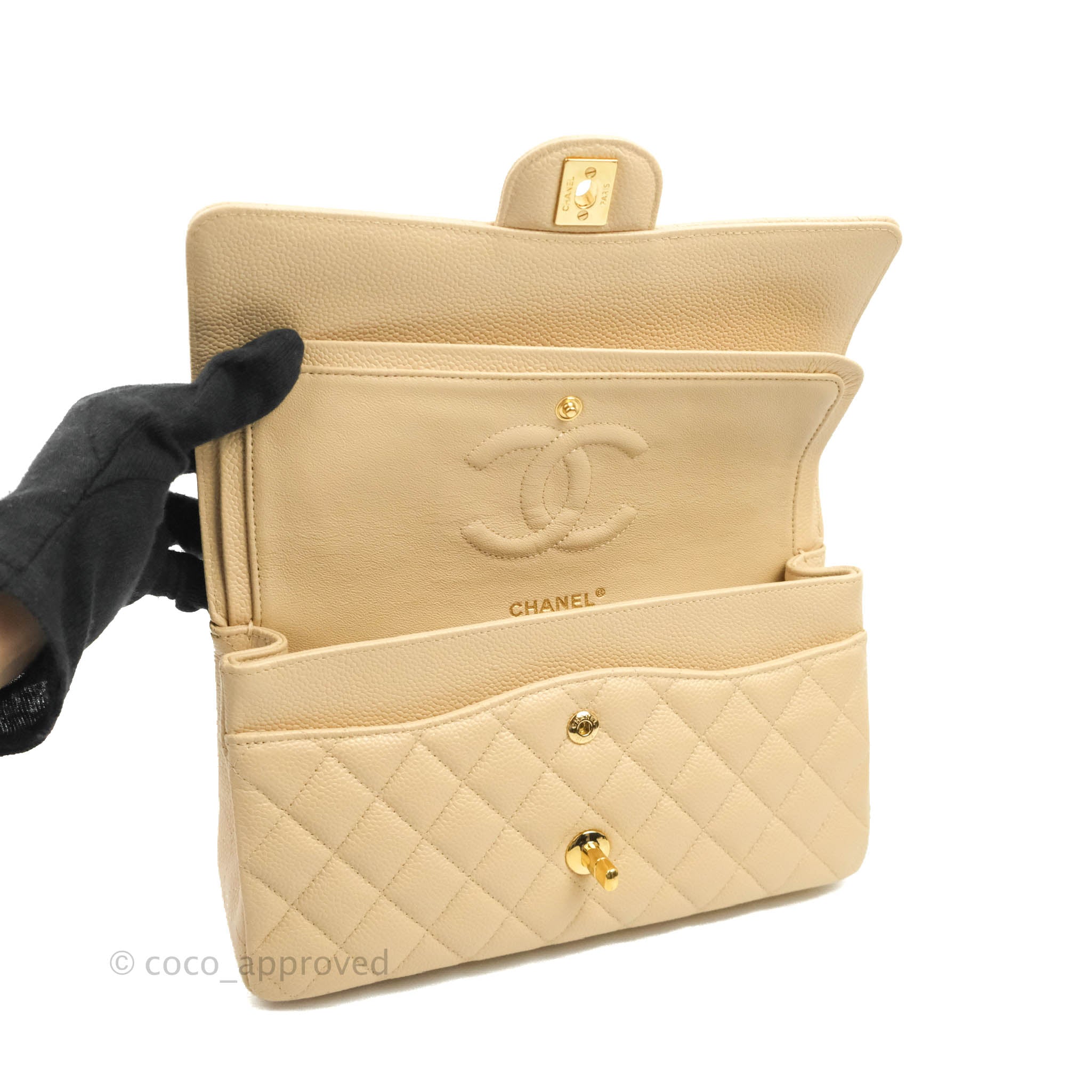 Chanel Classic Medium Double Flap Bag Quilted Beige Caviar Leather with Gold Hardware - Luxury Designer Handbag for Women, Perfect for Work, Date Night & Special Occasions