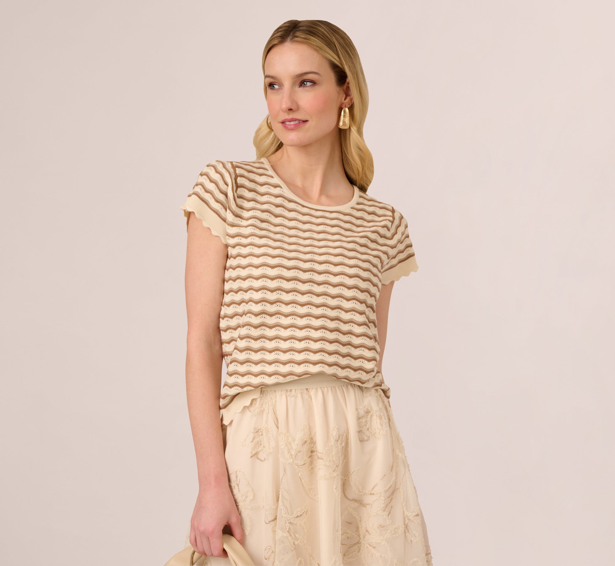 Women's Cap Sleeve Wavy Pointelle Knit Top in Neutral Colors - Soft Breathable Summer Blouse for Casual Wear & Date Nights