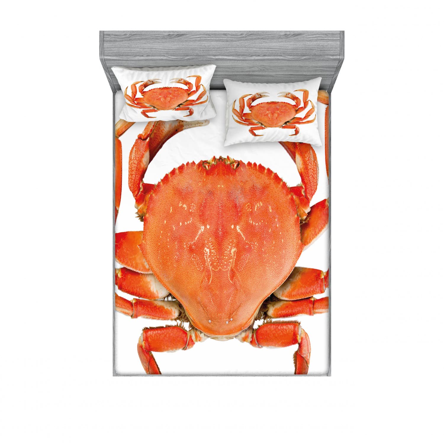 Ambesonne 2-Pack Queen Size Fitted Sheet & Pillow Sham Set - Dungeness Crab Print Orange White Bedding Decor (4-Piece Set) - Perfect for Coastal Themed Bedrooms, Beach House Decor, and Seafood Lover's Home