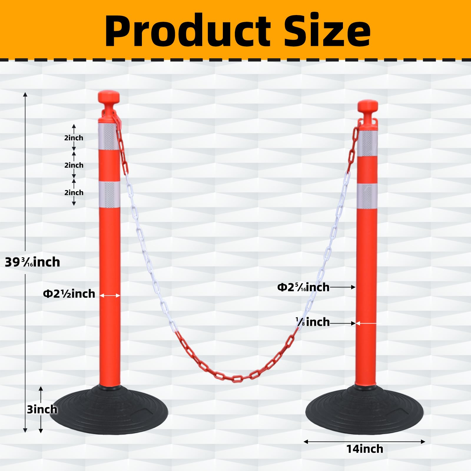 6 Pack 39 Inch Red Traffic Delineator Posts with 2 White Reflective Collars - Safety Cones with 6.6 Feet Chains & 14 Inch Rubber Base for Road Safety, Parking Lots, Construction Zones & Driveway Marking (Red)