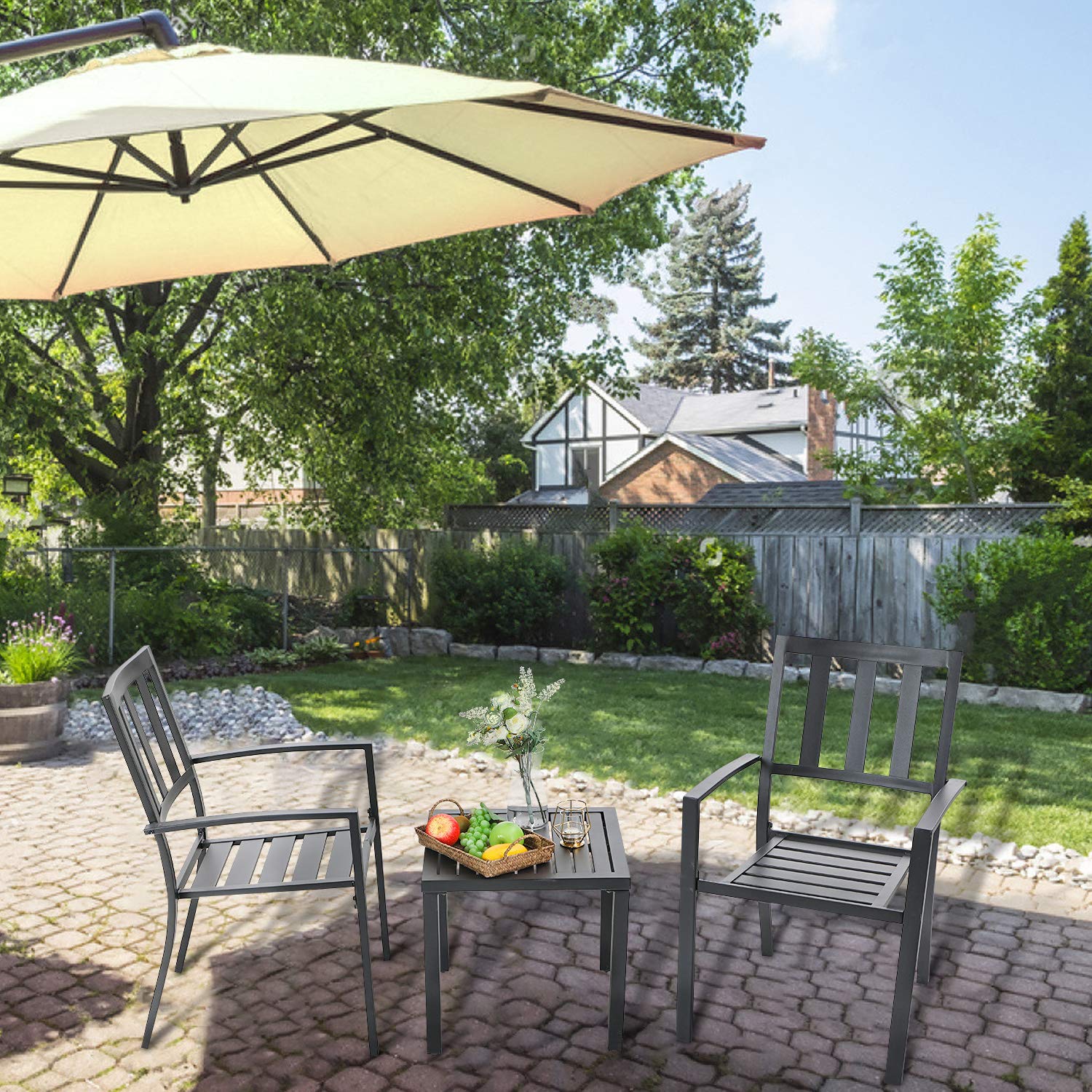 MFSTUDIO 3-Piece Black Wrought Iron Patio Bistro Set - Outdoor Dining Furniture with 2 Metal Chairs & Coffee Table for Yard, Garden, Balcony or Poolside Relaxation