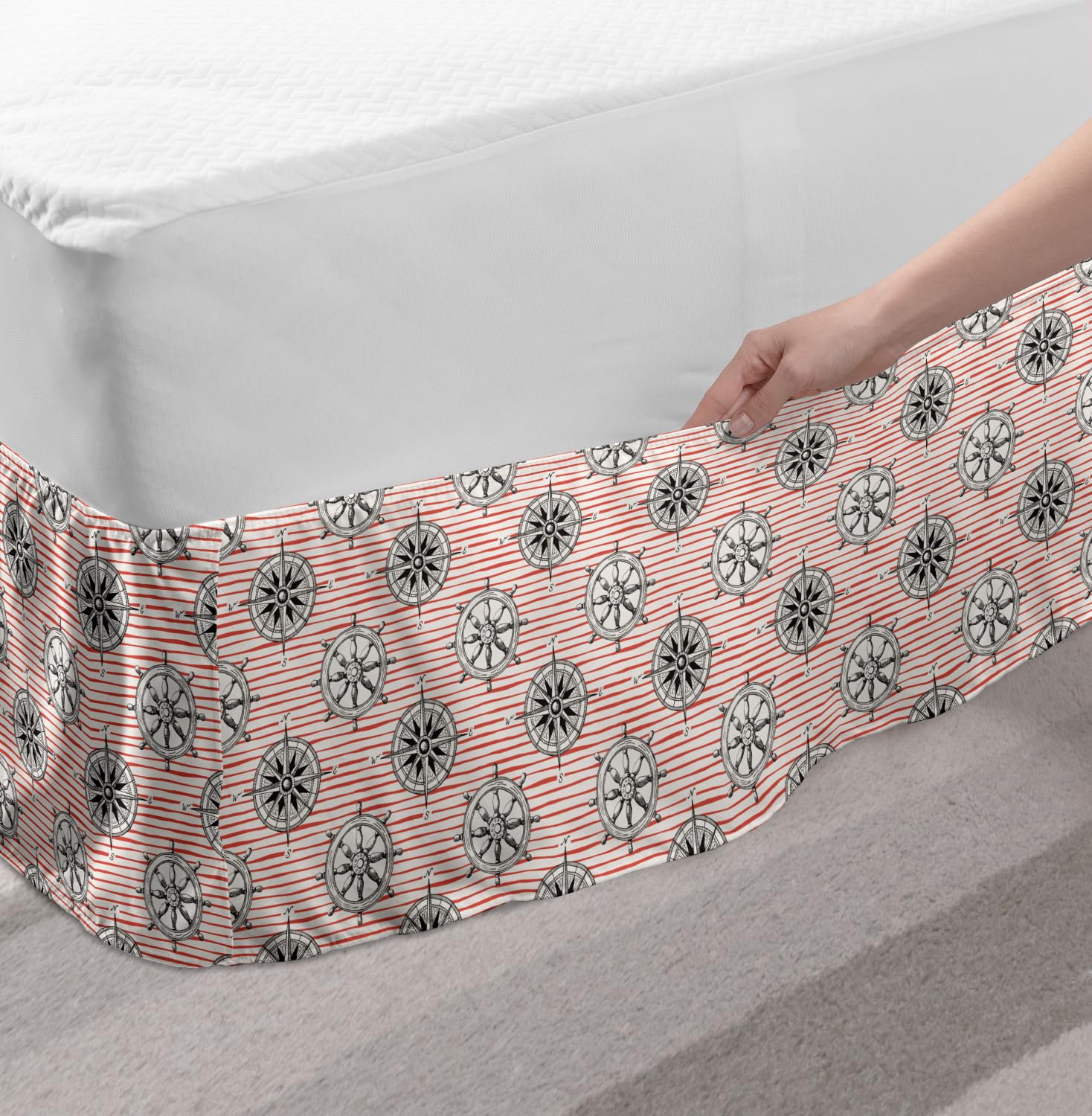 Ambesonne Nautical Bed Skirt - Ocean Themed Hand-Painted Ship Wheel & Sea Compass Design with Pink Stripes | Elastic Dust Ruffle Wrap for Full Size Beds | Perfect for Beach House Decor, Coastal Bedroom Styling & Nautical Theme Bedding