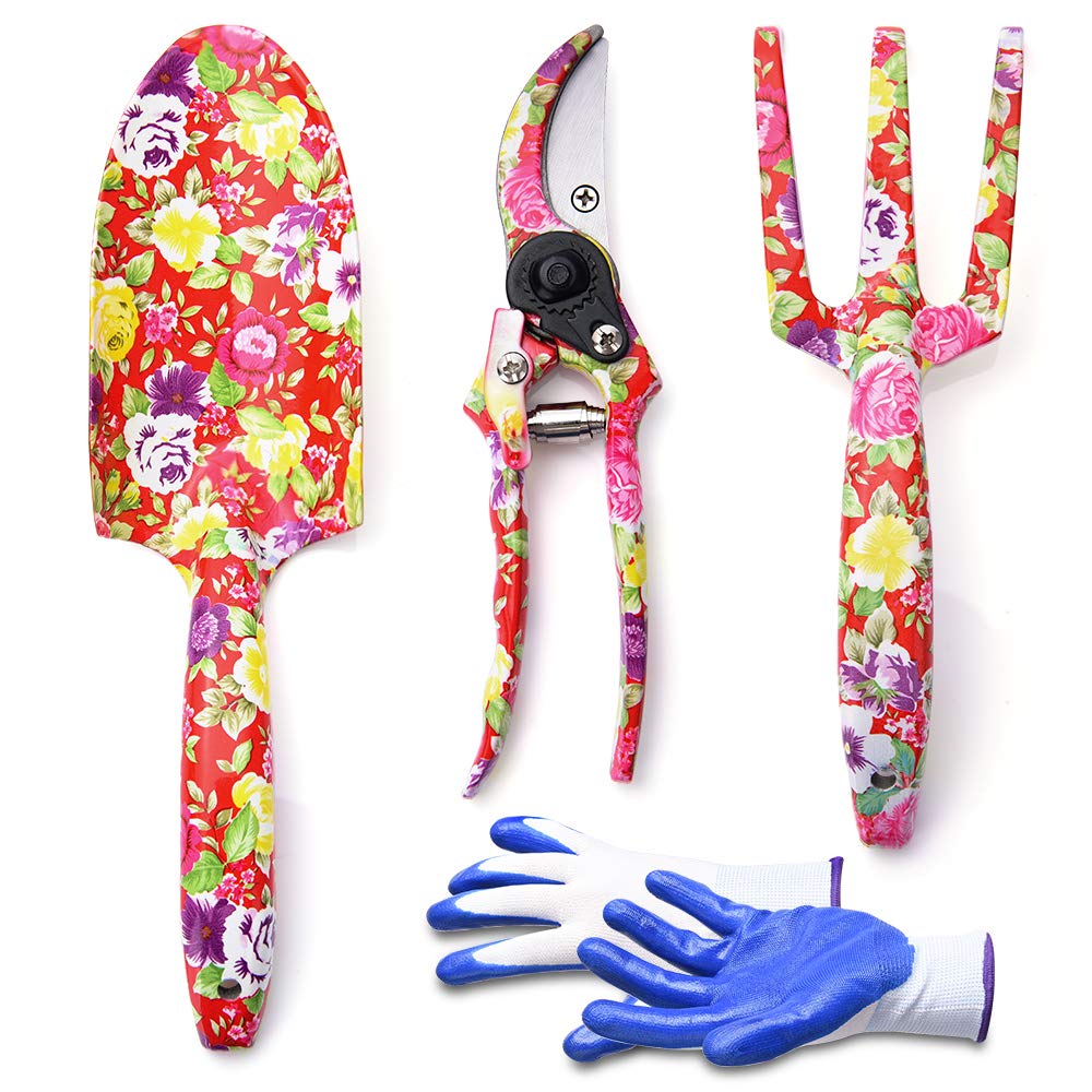 WOLFWILL 4-Piece Heavy Duty Garden Tools Set with Trowel, Cultivator, Pruning Shears & Gloves - Flower Print Gardening Kit for Planting, Weeding & Landscaping - Perfect Gift for Gardeners & Homeowners