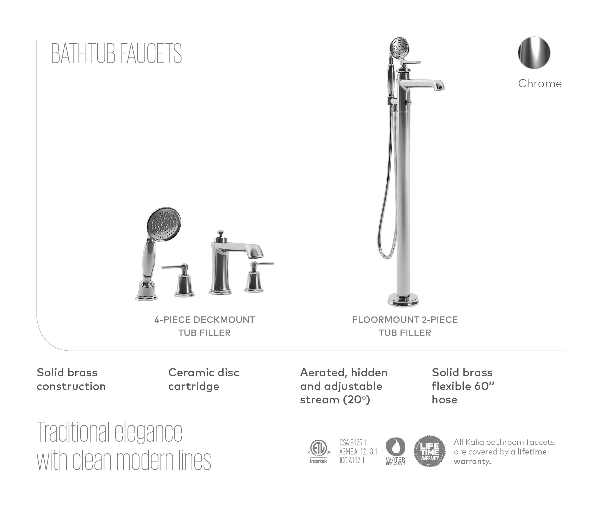 Kalia RUSTIK Deck Mount Tub Faucet with Hand Shower in Chrome - Perfect for Bathroom Renovation & Spa-Like Shower Experience
