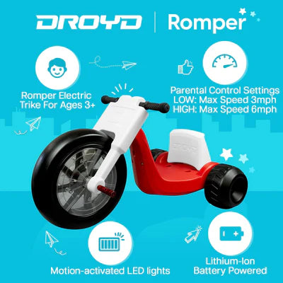 **Droyd Kids Electric Trike 24V 2Ah Lithium-Ion Battery, 50W Brushed Motor, 6 MPH Speed, 3 Miles Range – Red | Fun Outdoor Ride for Boys & Girls, Parks & Neighborhood Adventures**