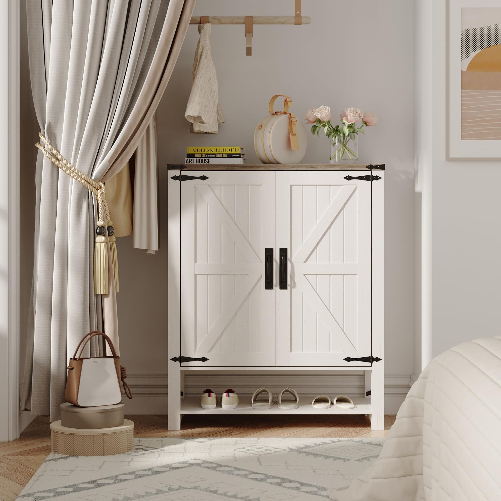 Maupvit 6-Tier Wooden Shoe Cabinet with Doors - Adjustable Shelves Farmhouse Entryway Shoe Storage Organizer for Hallway, Living Room & Foyer - Perfect for Small Spaces & Home Organization (White)