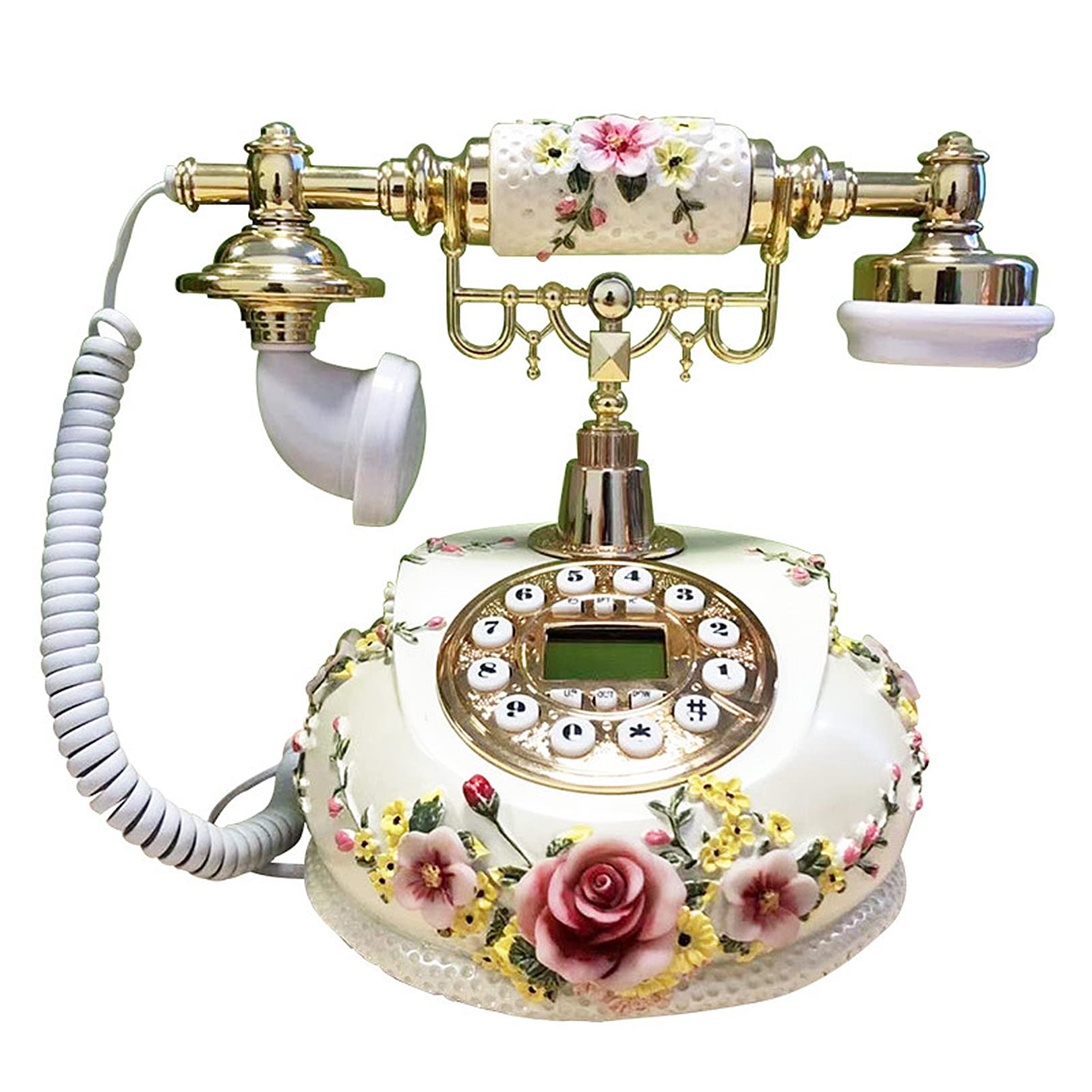 Vintage White Resin Engraved Corded Landline Telephone - Classic Pastoral Style Home Office Desk Phone for Home, Office & Hotel Decor | Perfect for Vintage-Themed Rooms, Reception Areas & Retro Interior Design