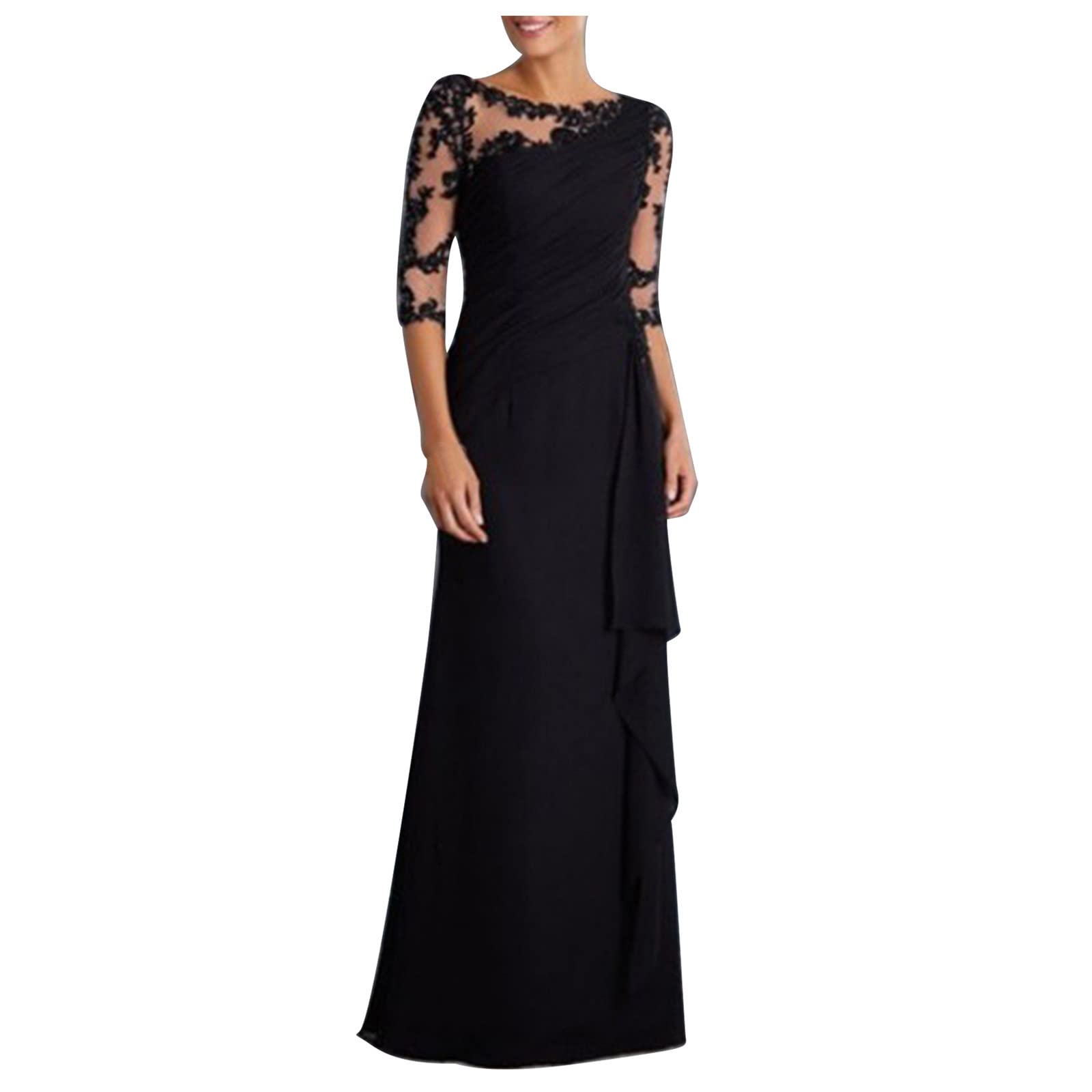 Elegant Chiffon Wedding Guest Dresses for Women - Long Sleeve Lace Evening Gown, Formal Bridesmaid Maxi Dress for Wedding, Party, Banquet & Special Occasions