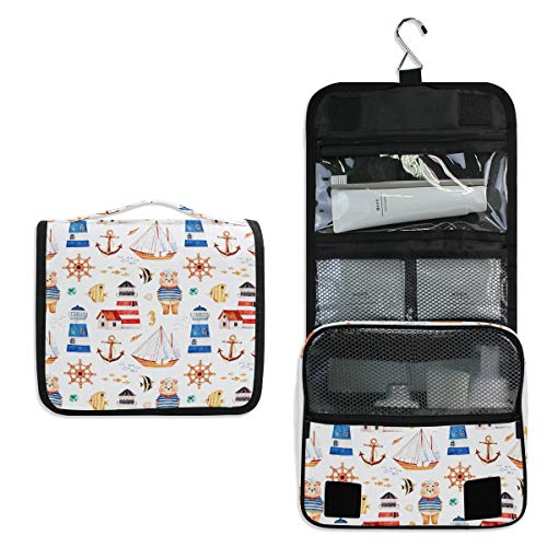Waterproof Hanging Travel Toiletry Bag for Women - Nautical Anchor & Lighthouse Design Cosmetic Organizer | Perfect for Vacation, Camping & Cruise Trips