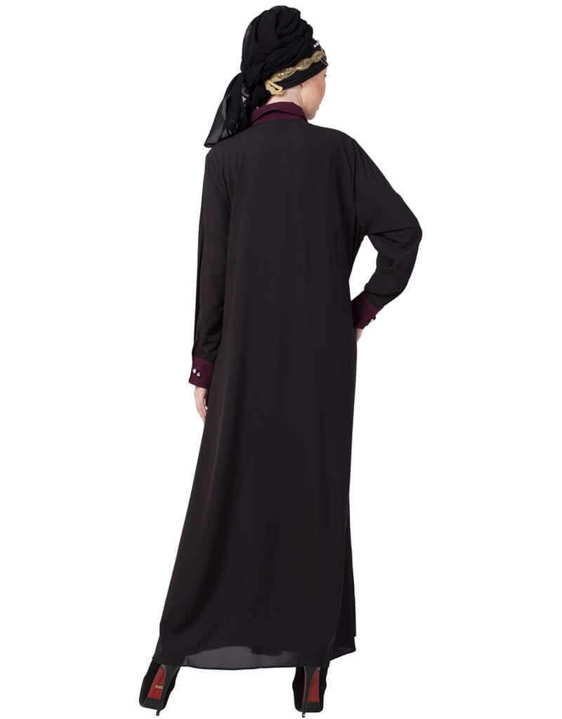 Elegant Arabic Contrast Yoke Black Wine Casual Abaya Dress - Perfect for Daily Wear, Prayer & Special Occasions