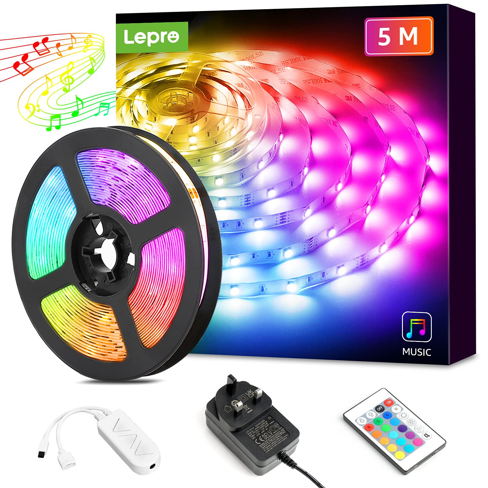 Lepro 16.4ft LED Strip Lights with Music Sync, 5050 RGB Color Changing LED Light Strips with Remote Control - Sound Activated & Dimmable for Bedroom, Kitchen, Party Decor - Perfect for Teen Rooms, Gaming Setup & Home Theater Lighting