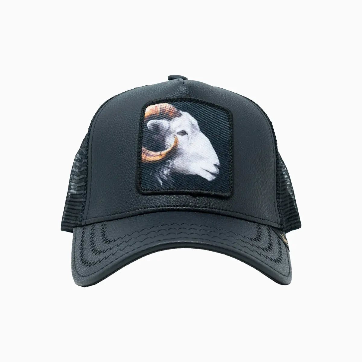 Goat Black Leather Trucker Hat for Men & Women - Vintage Style Adjustable Baseball Cap for Outdoor, Motorcycle, and Casual Wear