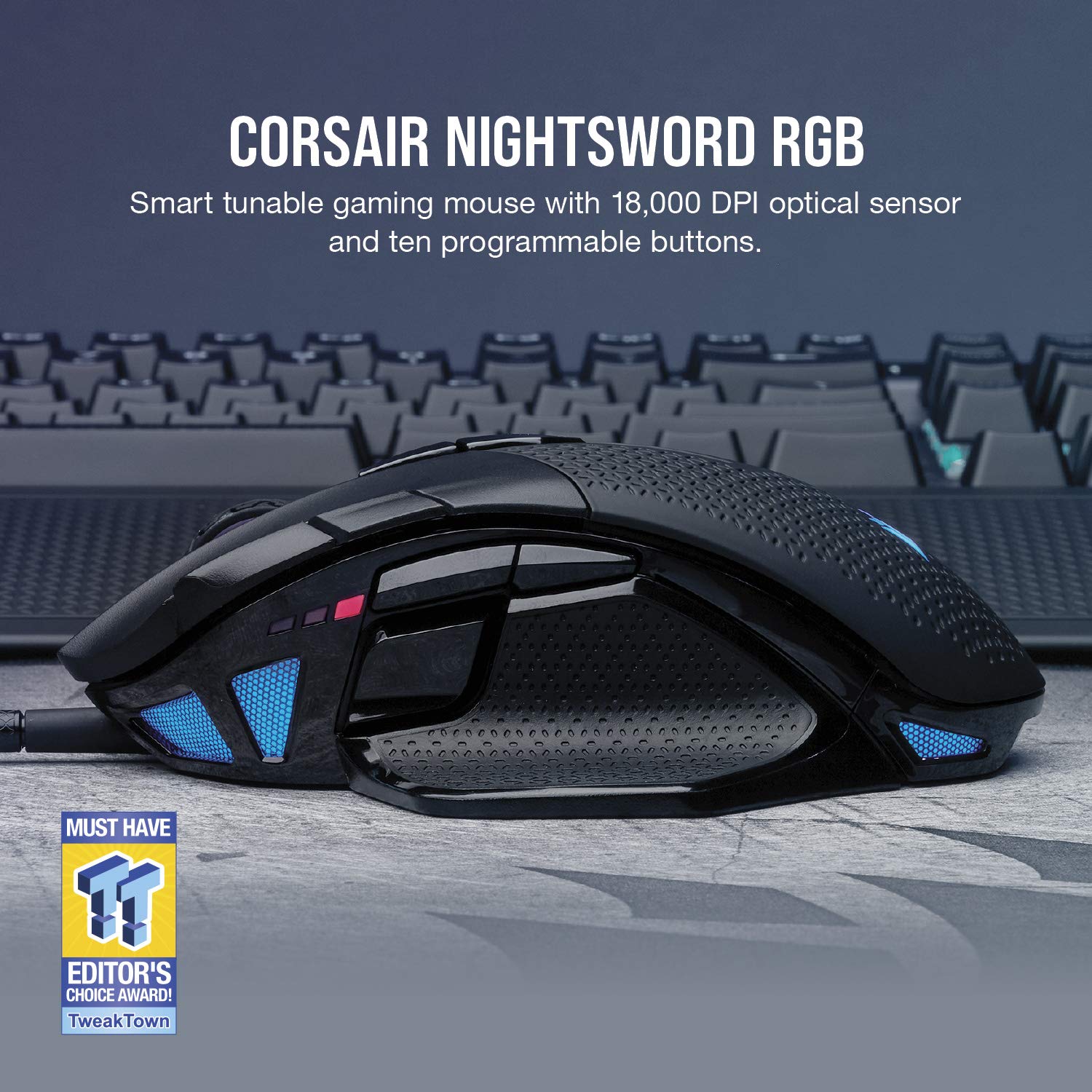 CORSAIR NIGHTSWORD RGB Gaming Mouse - 18,000 DPI Optical Sensor, 10 Programmable Buttons, Adjustable Weight System - iCUE Software Compatible - Ergonomic Design for FPS, MOBA, MMO PC Gaming - Perfect for Esports, Streaming & Professional Gamers