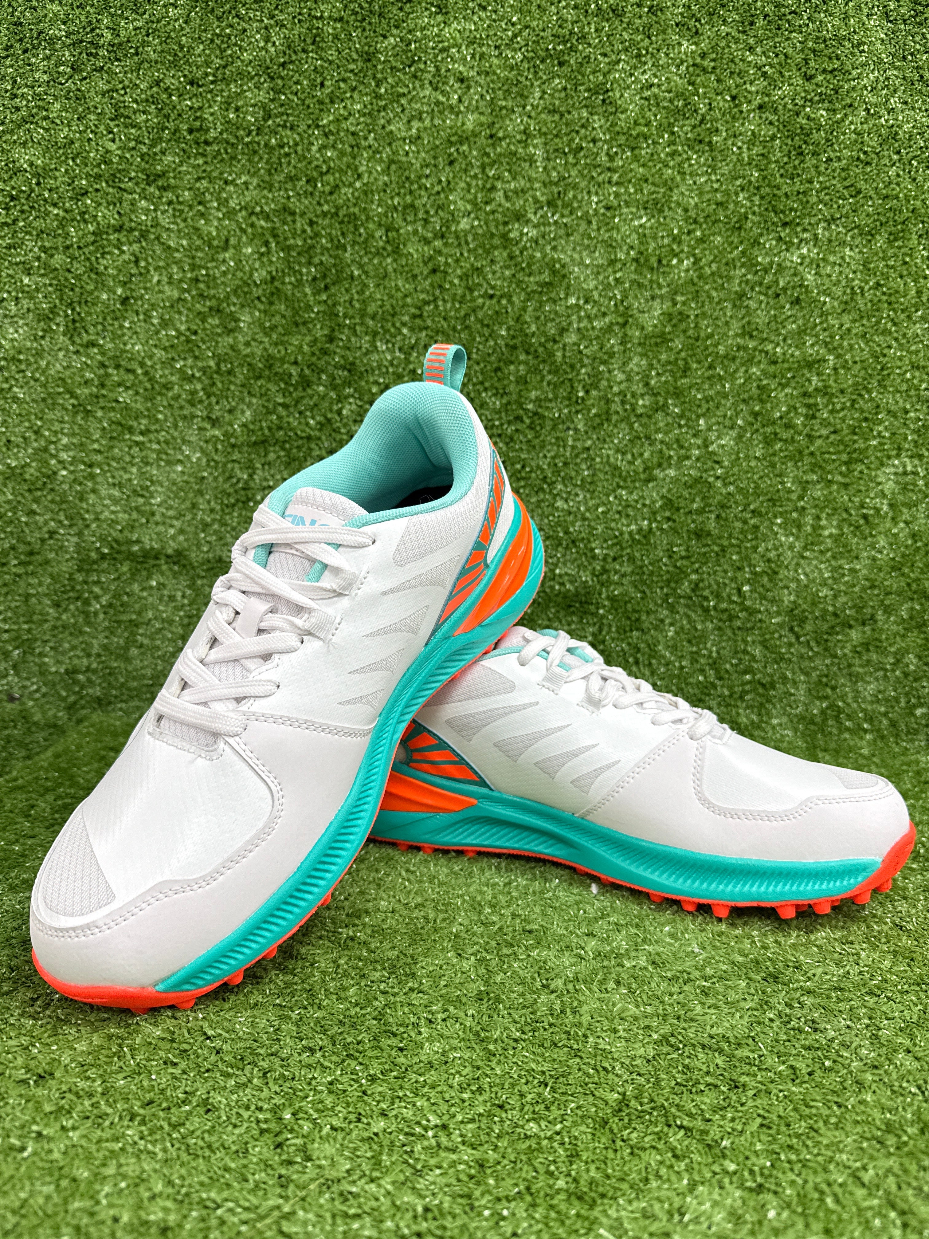 FINO C 14 Cricket Shoes for Men - White & Teal Sports Shoes with Non-Slip Sole - Perfect for Cricket Matches, Training & Outdoor Sports