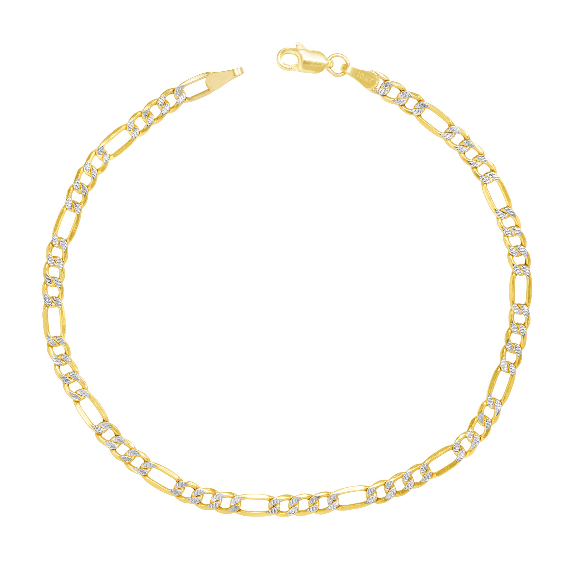 10K Real Yellow Gold Figaro Link Bracelet - 4mm Diamond Cut Pave Chain for Men & Women (7