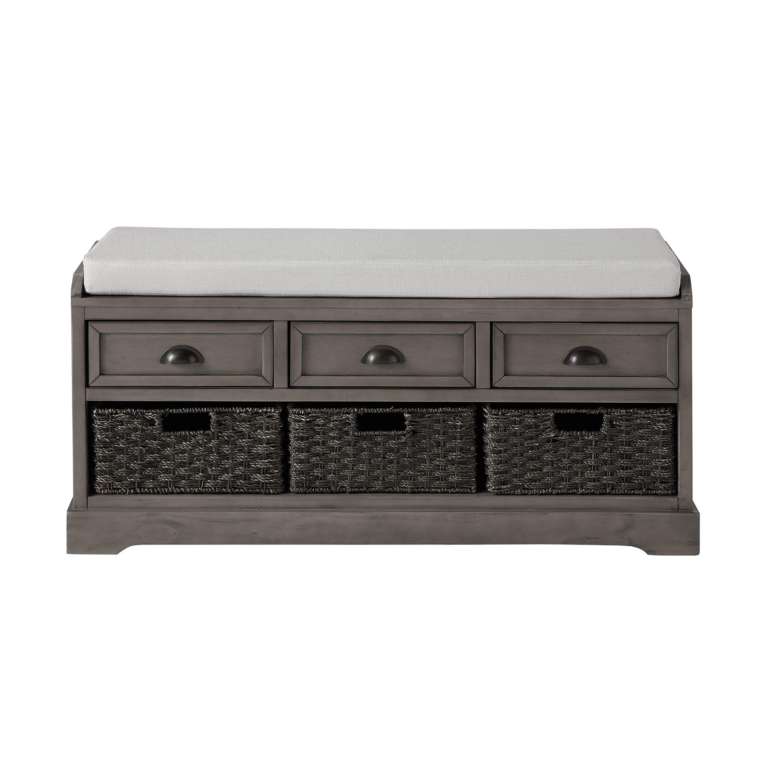 Rustic Gray Wood Storage Bench with 2 Cabinets & 1 Basket - Entryway Shoe Bench with Removable Cushion - Perfect for Living Room, Hallway & Home Organization - Ideal for Shoes, Blankets & Entry Storage