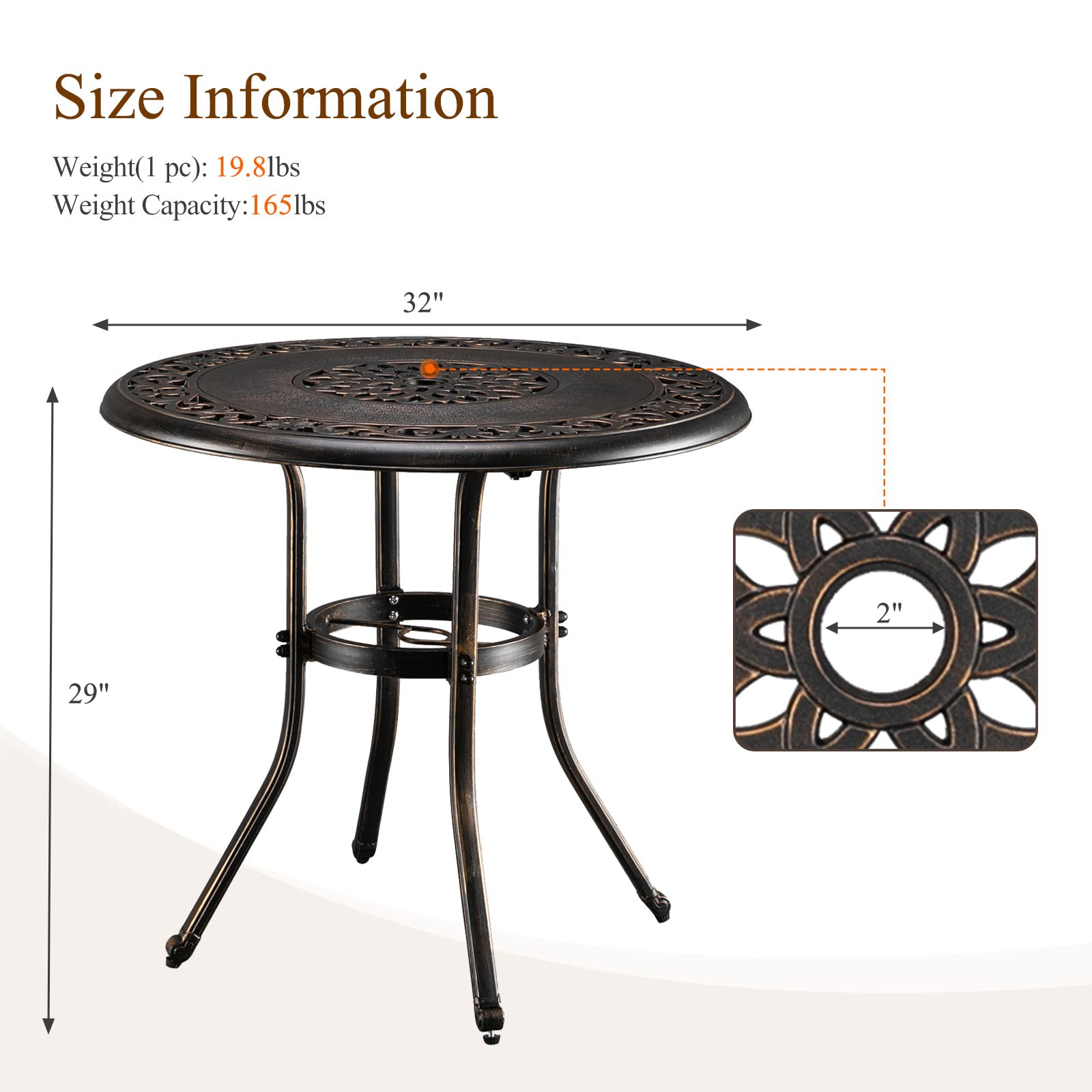 VINGLI 32 Inch Round Outdoor Dining Table with Umbrella Hole - Durable Cast Aluminum Patio Bistro Table for Garden, Backyard, Poolside - Weather-Resistant Bronze Finish (32