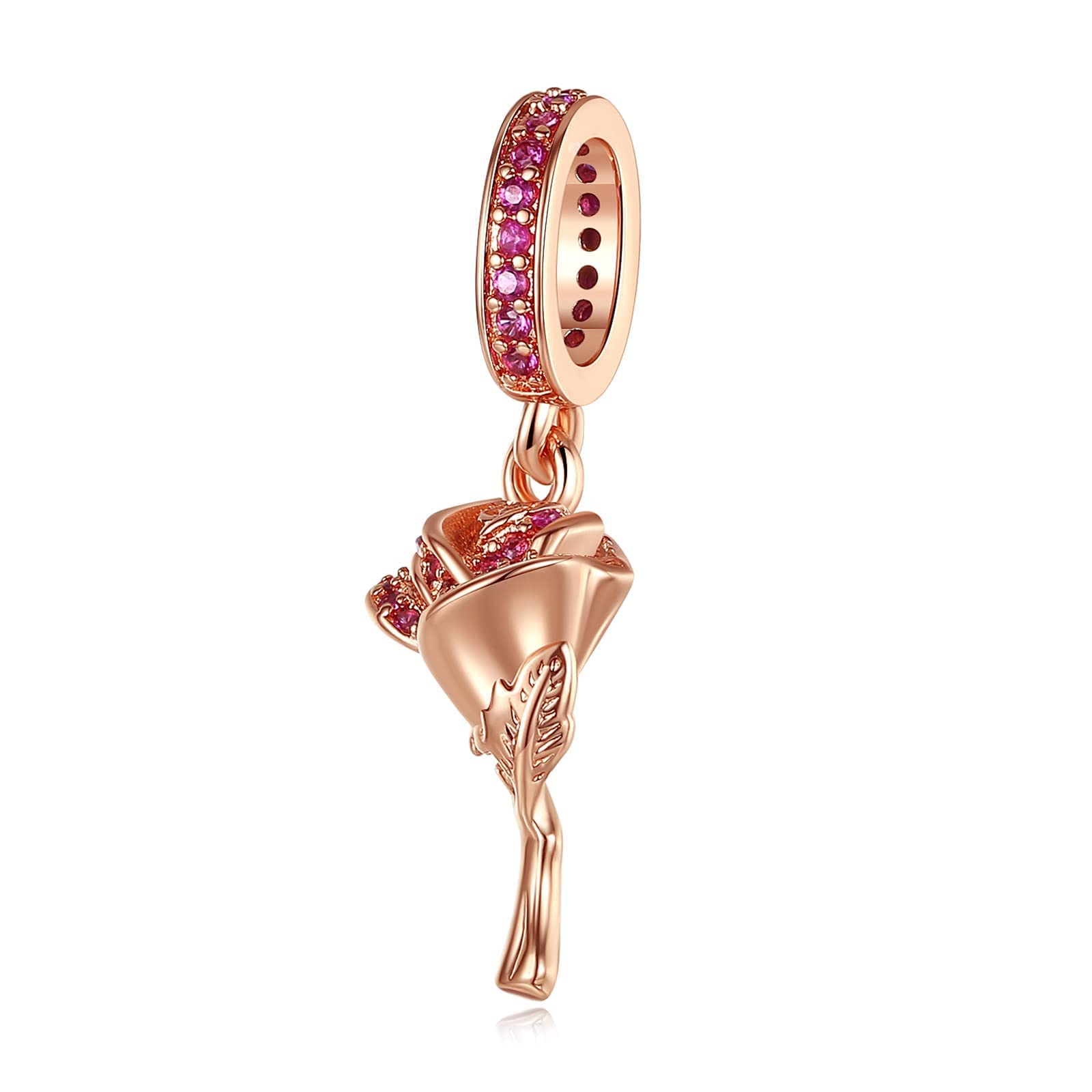 14K Rose Gold Plated Rose Flower Dangle Charm Pendant for Bracelets - Elegant Jewelry Gift for Women, Perfect for Anniversaries, Weddings & Special Occasions