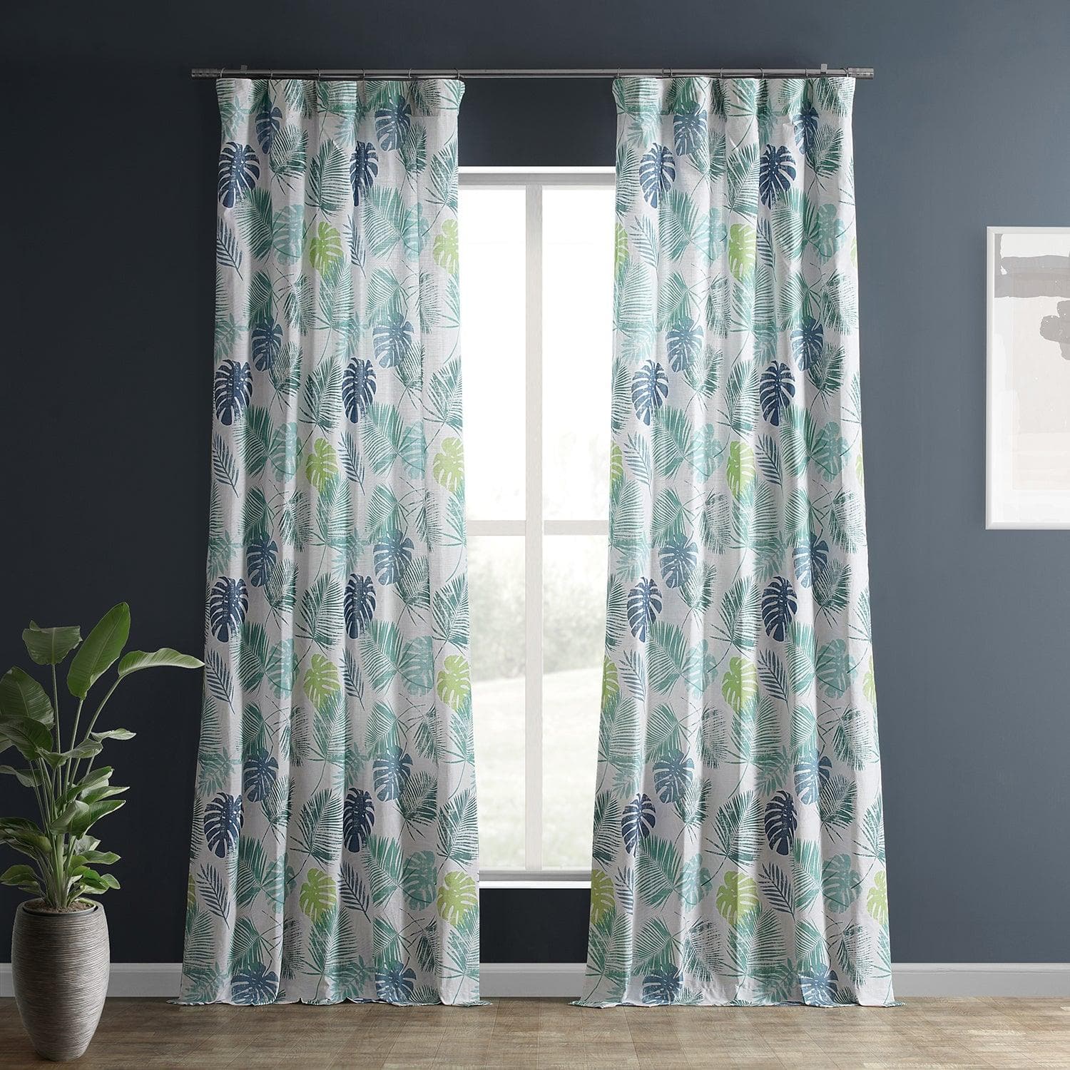 Light Blue Green Floral Printed Cotton Curtains for Living Room & Bedroom - Rainforest Inspired Textured Window Drapes