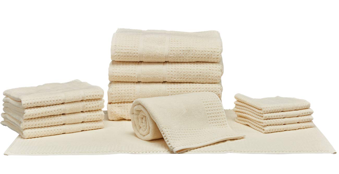Premium 100% Cotton Turkish Waffle Terry Towel Set - 14 Piece Luxury Bath Towels in Cream | Soft, Absorbent & Quick-Drying for Spa, Bathroom & Beach Use