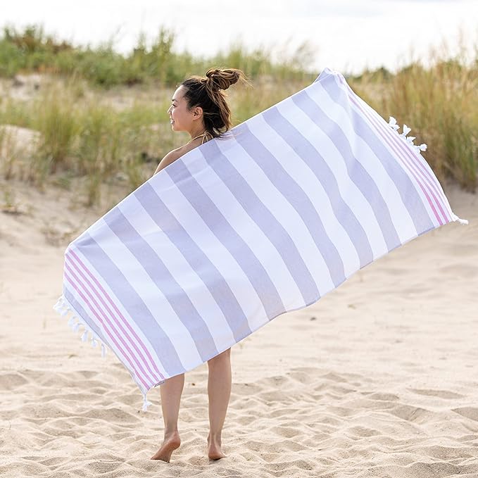 Coastal Resort Stripe Fouta 4-Piece Beach Towel Set with Tassels - Soft & Absorbent for Pool, Beach, Spa & Outdoor Use