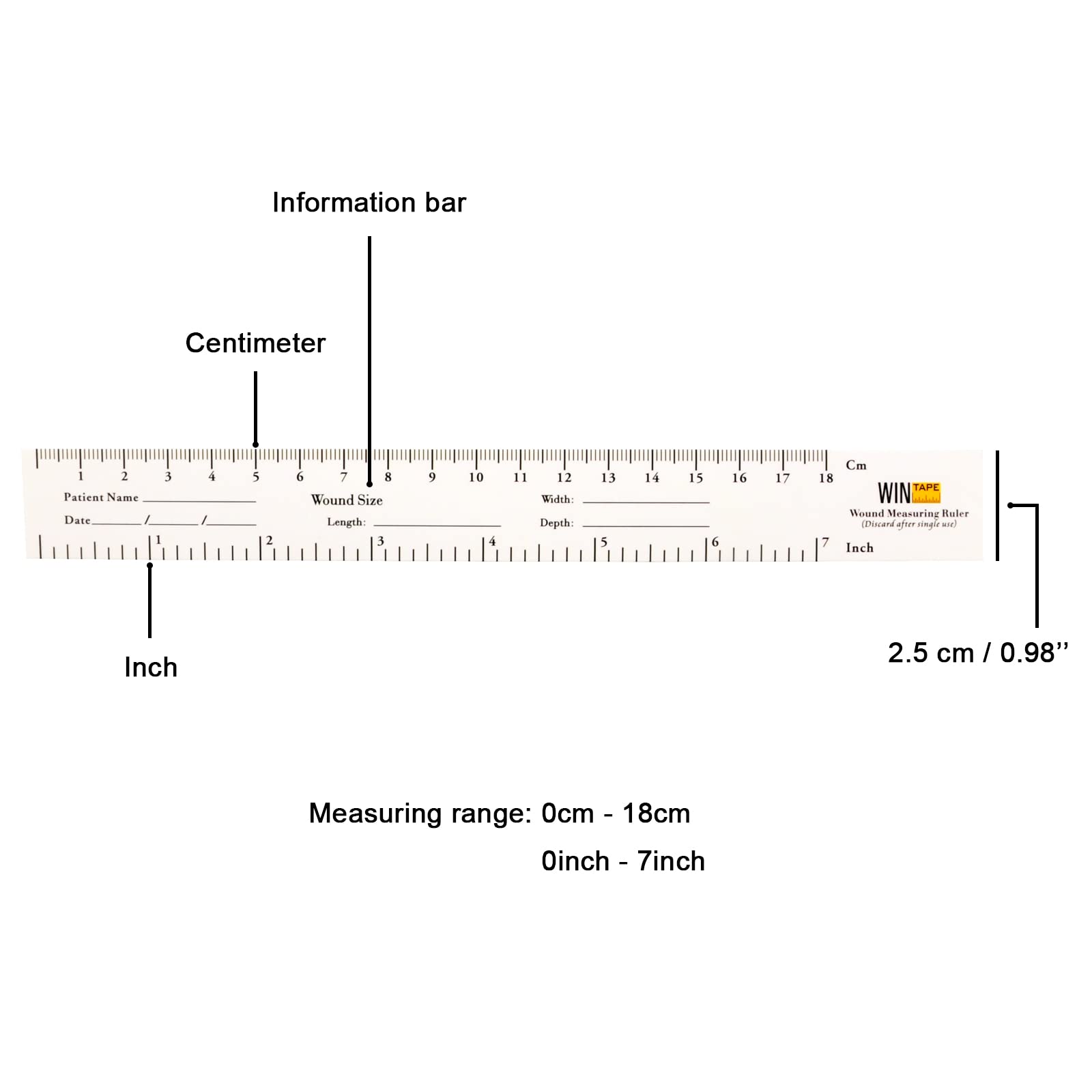 7'' Paper Wound Ruler - Pack of 100 Disposable Medical Measuring Tapes for Accurate Wound Measurement | Ideal for Clinics, Hospitals & First Aid Kits
