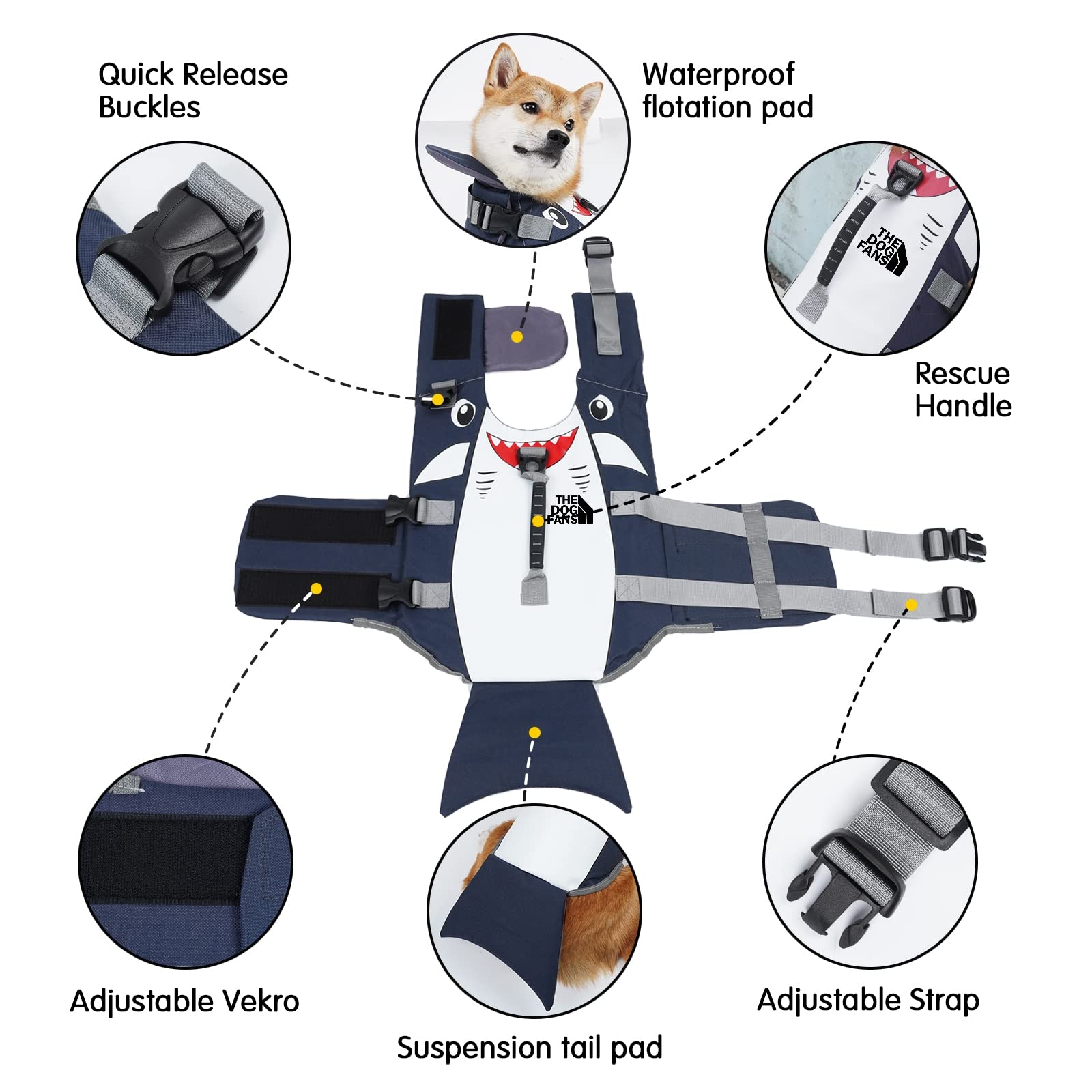**Cartoon Shark Dog Life Jacket - Adjustable Pet Floatation Safety Vest with Rescue Handle & D-Ring for Swimming & Boating - Small, Medium, Large Sizes (Small) - Perfect for Beach, Pool & Boat Adventures**